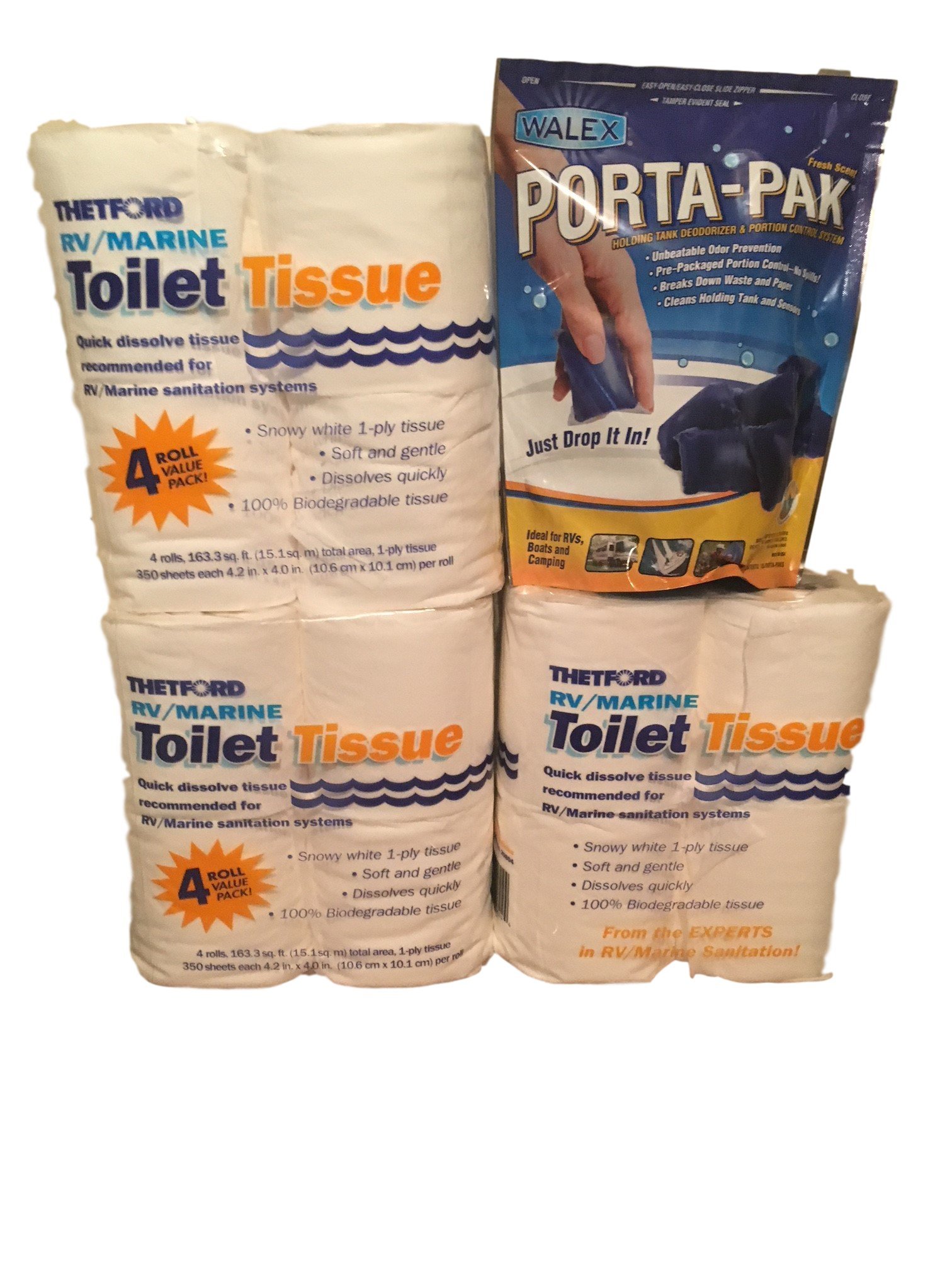 Thetford RV Toilet Paper 1-Ply (12 Rolls) & Walex Porta-Pak Holding Tank Deodorizer (10 Packs) - RV & Camping Essentials Bundle for Sanitation & Odor Control