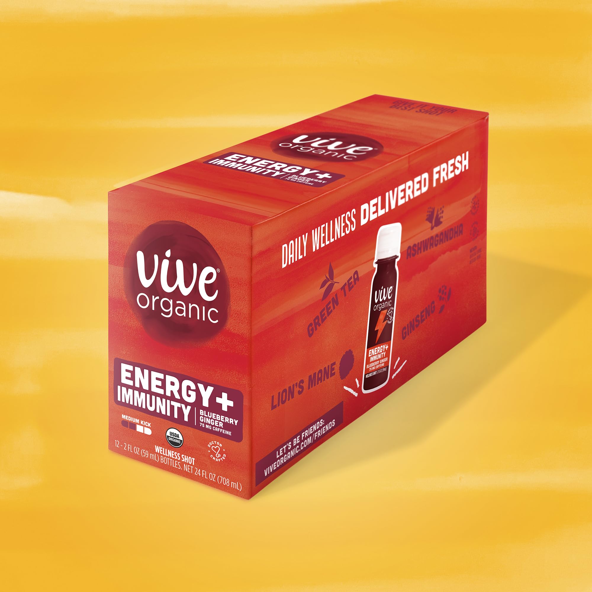 Vive Organic Energy Shot with Immune Support - Ashwagandha, Green Tea & Caffeine Boost - Gluten Free, Vegan, Non-GMO - 2 Fl Oz (Pack of 12) - Perfect for Workouts, Travel & Daily Energy