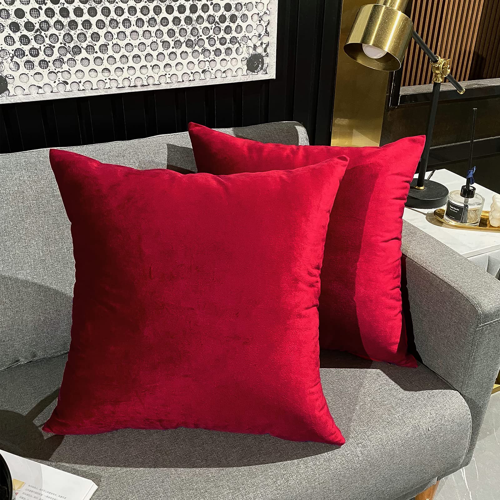 Velvet Decorative Throw Pillow Covers Set of 2 - 18x18 Inch Soft Square Red Cushion Covers for Sofa, Couch, Bed & Chair - Perfect for Living Room, Bedroom & Home Decor