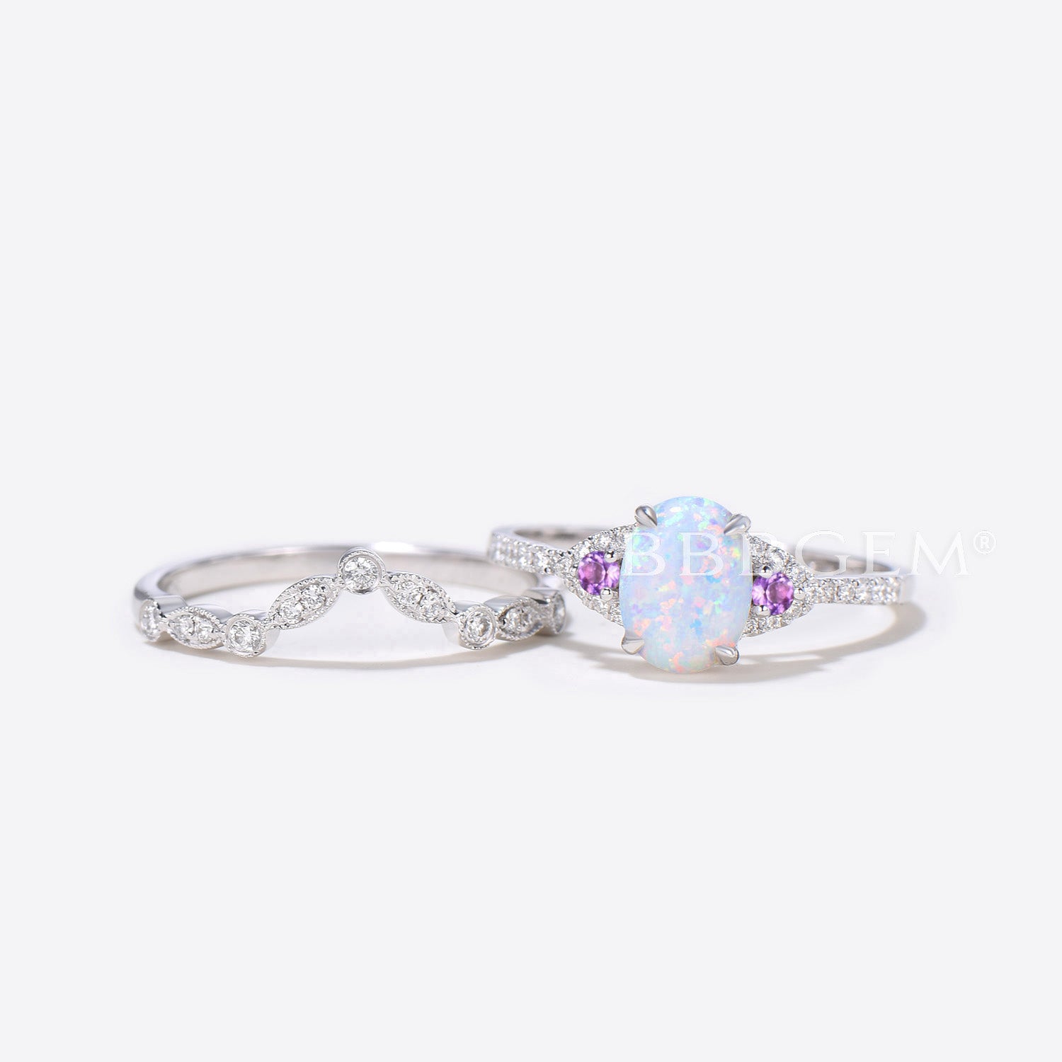 Vintage Art Deco Oval Opal Diamond Engagement Ring for Women - 14K Rose Gold Wedding Band with Amethyst Accent - Perfect for Proposals, Anniversaries & Special Occasions