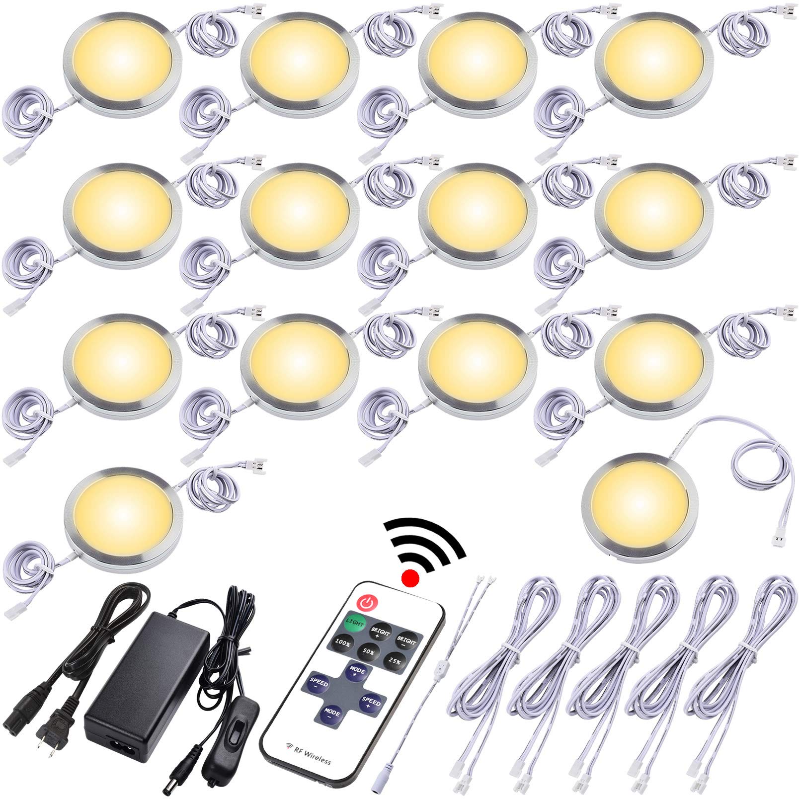 Under Cabinet LED Lighting Kit - Dimmable Wireless RF Remote Control, Linkable Wired Puck Lights (14 or 10 Lights) - Warm White 3000K, AC120V to DC12V, Hardwired or Plug-in - Perfect for Kitchen, Closet, Shelf, and Cabinet Illumination