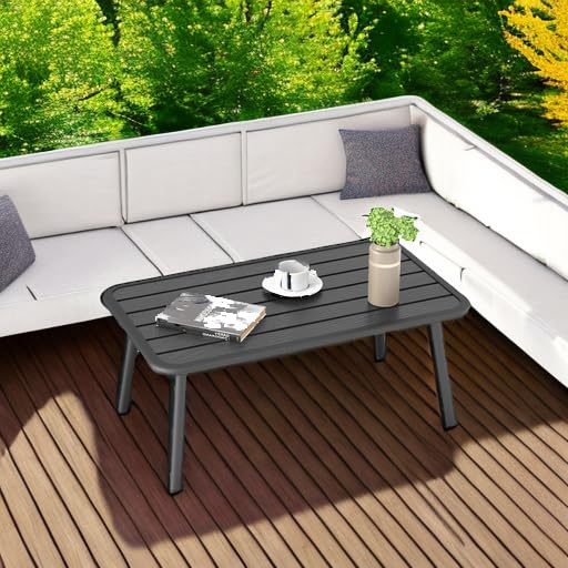 C-Hopetree Small Rectangle Metal Outdoor Side Coffee Table for Patio, Garden, or Poolside - Black Slat Top - Perfect for Relaxing with Drinks & Snacks Outdoors