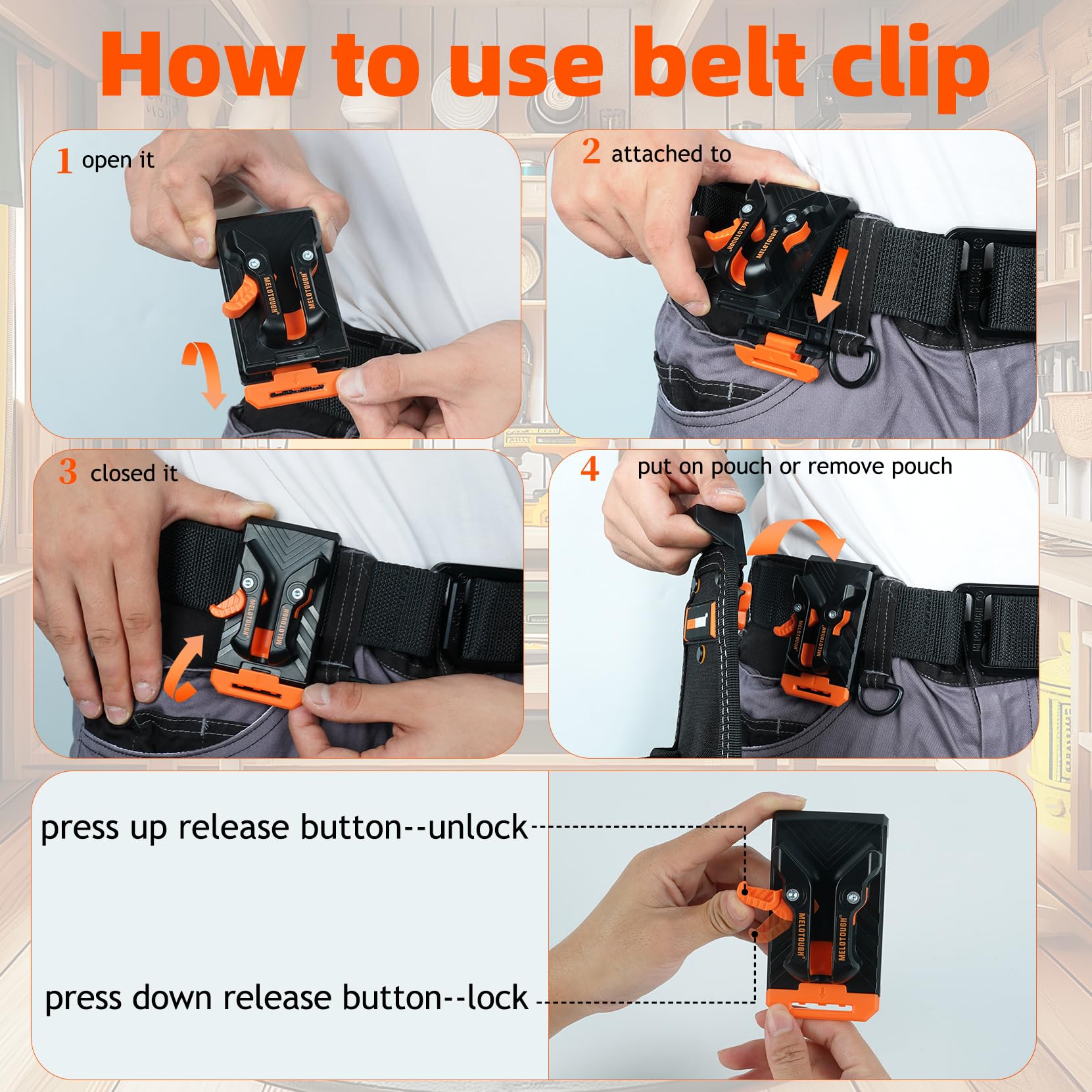 MELOTOUGH Small Tool Pouch with Quick Release Belt Clip - Compact Work Organizer with Tape Thong Strap for Electricians, Carpenters & DIY Projects | Durable Tool Belt Accessory for Home Repair & Construction Work