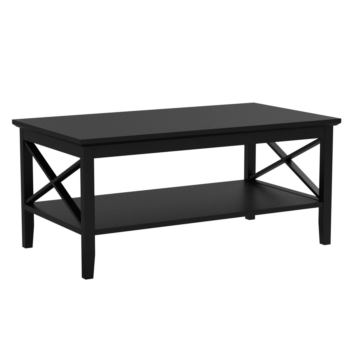 ChooChoo Oxford Black Wood Coffee Table with Thicker Legs & Storage - Modern Living Room Furniture for Small Spaces, Home Decor, and Family Gatherings
