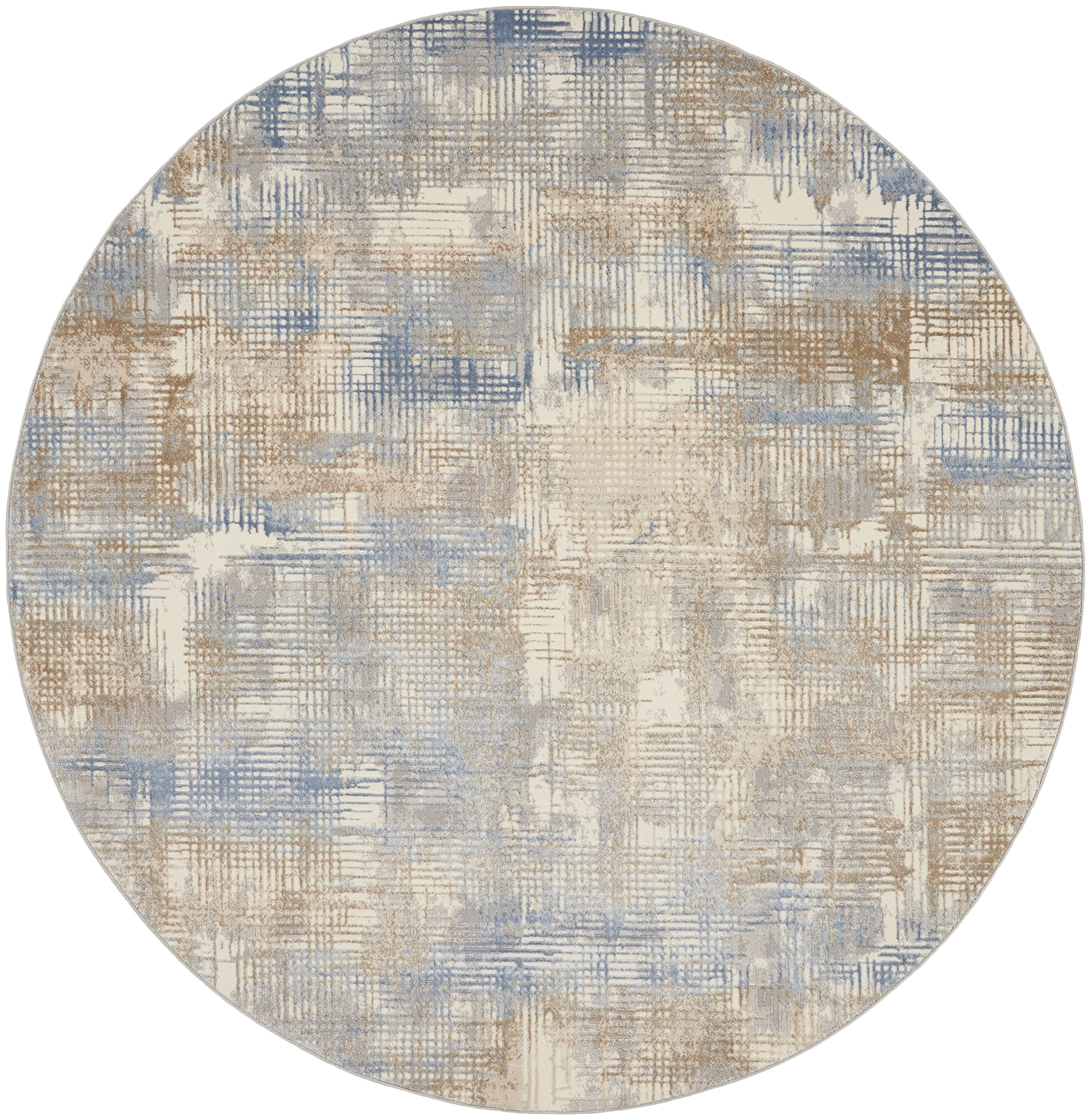 Calvin Klein Rush Blue/Beige 8' Round Modern Abstract Area Rug - Non-Shedding & Easy to Clean - Perfect for Bedroom, Living Room, Dining Room & Kitchen Decor