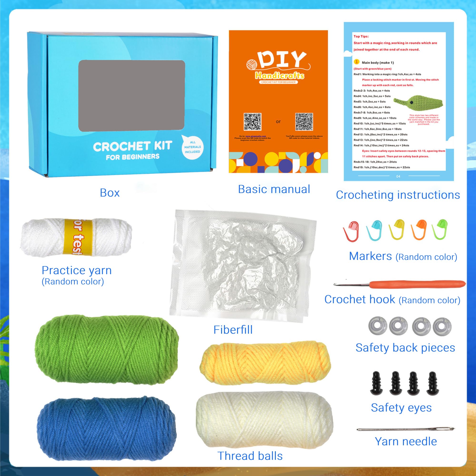 iofficego Beginner Crochet Kit for Adults & Kids - Complete Starter Set with Crochet Hooks, 4-Ply Cotton Yarn & Step-by-Step Video Tutorials - Perfect for DIY Crochet Dolls, Home Decor & Handmade Gifts