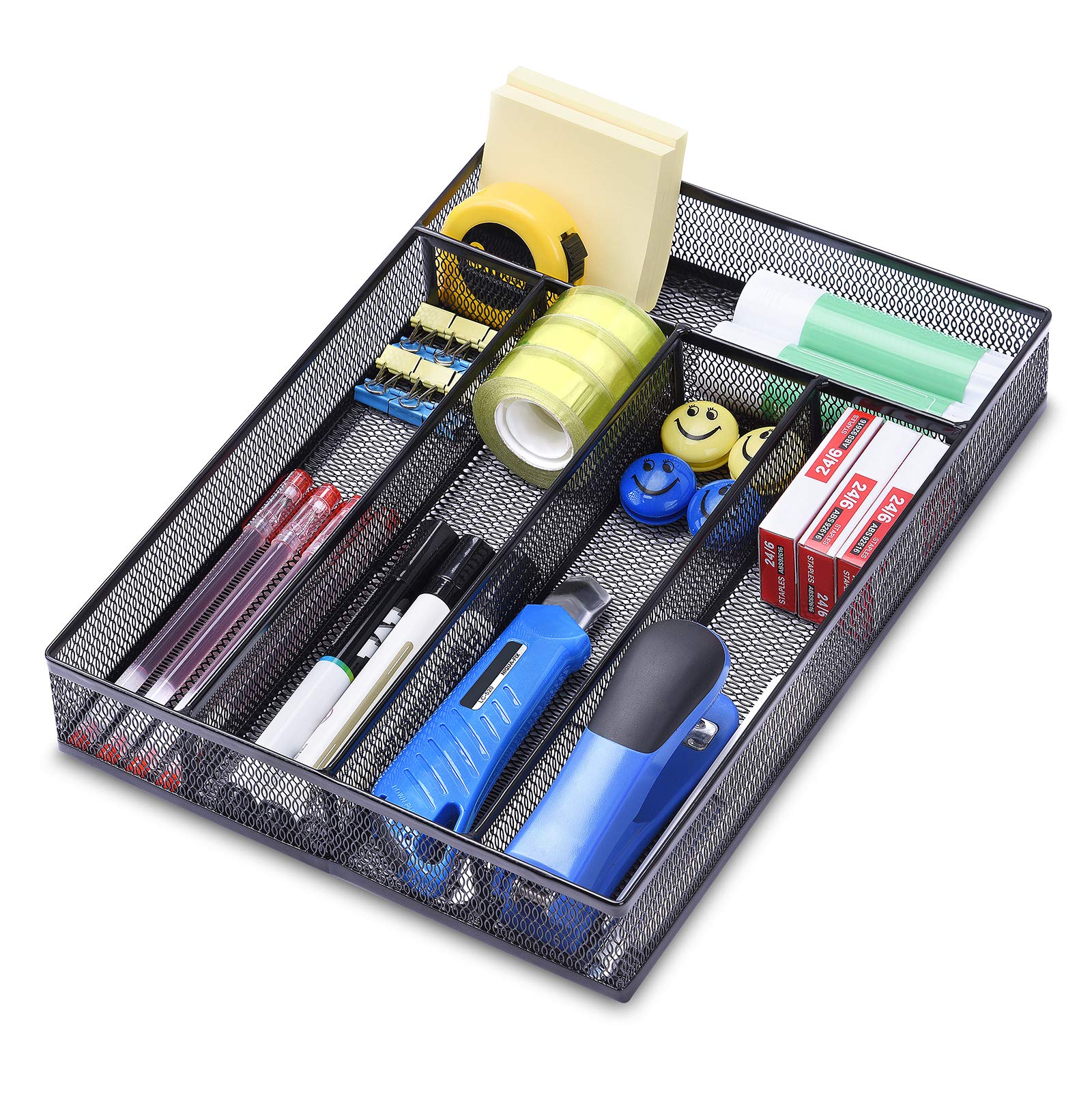 5 Compartment Mesh Drawer Organizer Tray - Office Desk Storage for Art Supplies, Stationery, Makeup & Jewelry - Black (Perfect for Home, Office & Craft Room Organization)