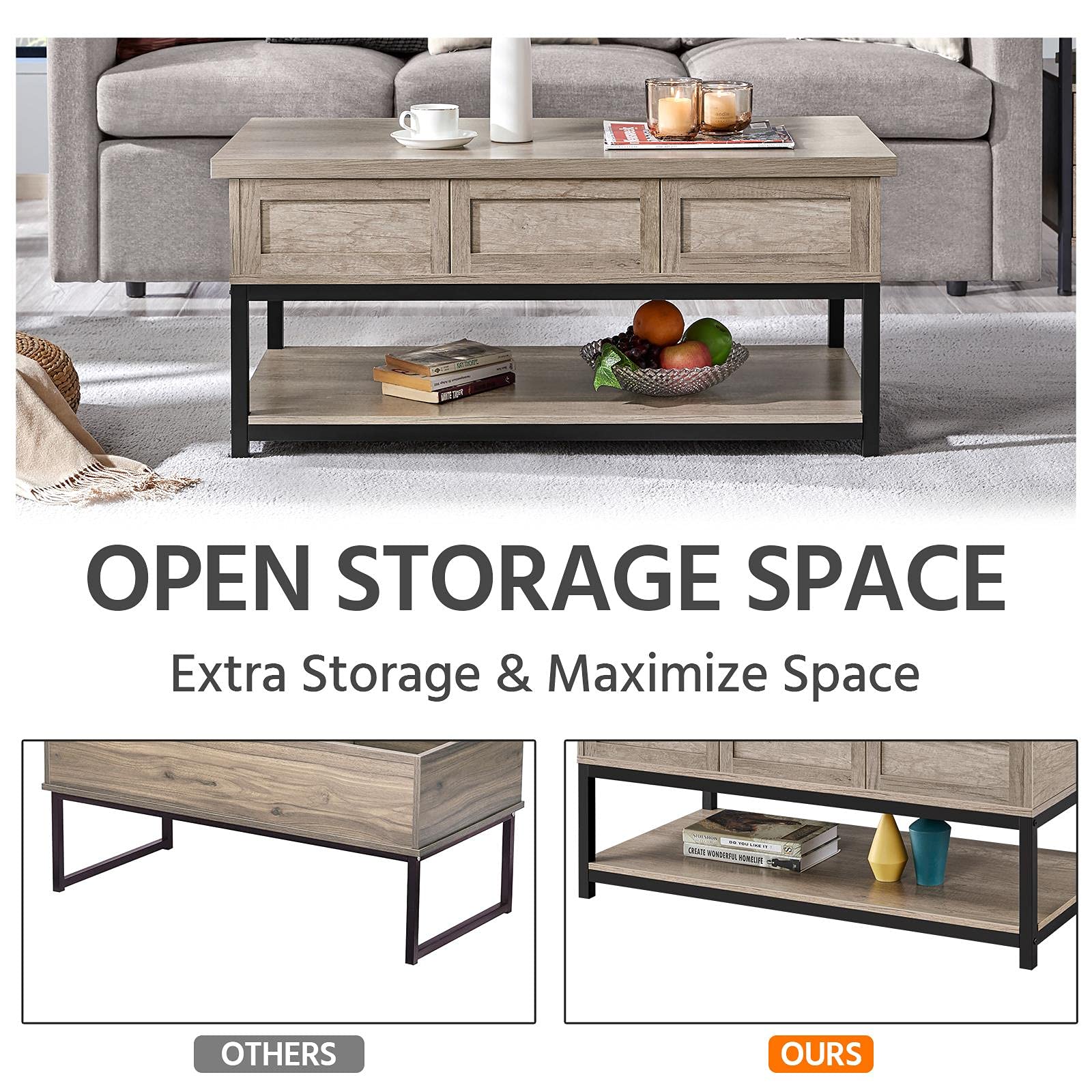 Yaheetech Lift Top Coffee Table with Hidden Storage & Open Shelf, Adjustable Height 18-23 Inches - Modern Gray Cocktail Table with Metal Frame for Living Room, Reception Area | Perfect for Entertaining, Remote Work & Small Space Living