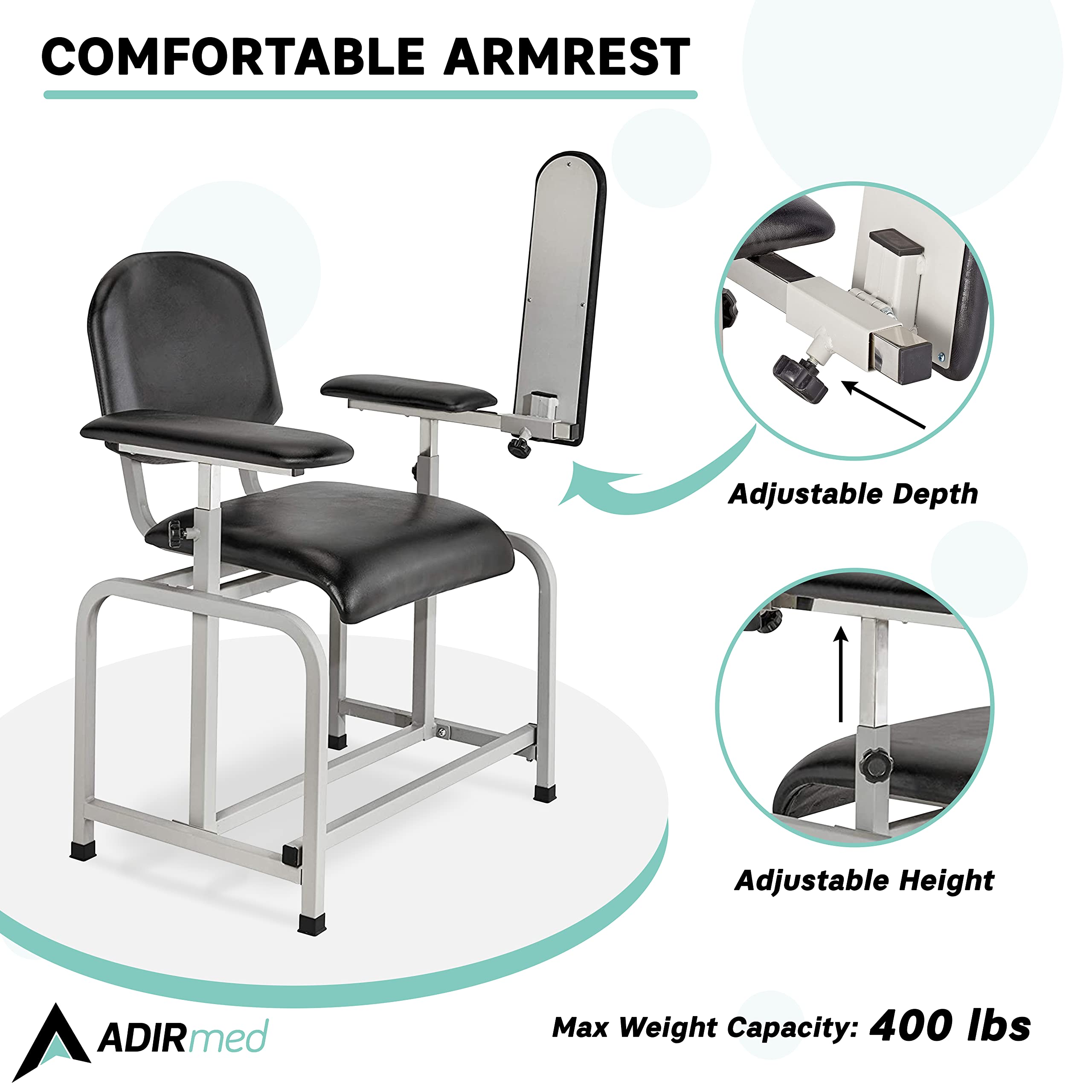 Adjustable Black Phlebotomy Chair with Sturdy Armrest - Heavy Duty Blood Draw Chair for Medical Labs - 500lb Weight Capacity Ergonomic Medical Exam Chair - Perfect for Hospitals, Clinics & Blood Donation Centers