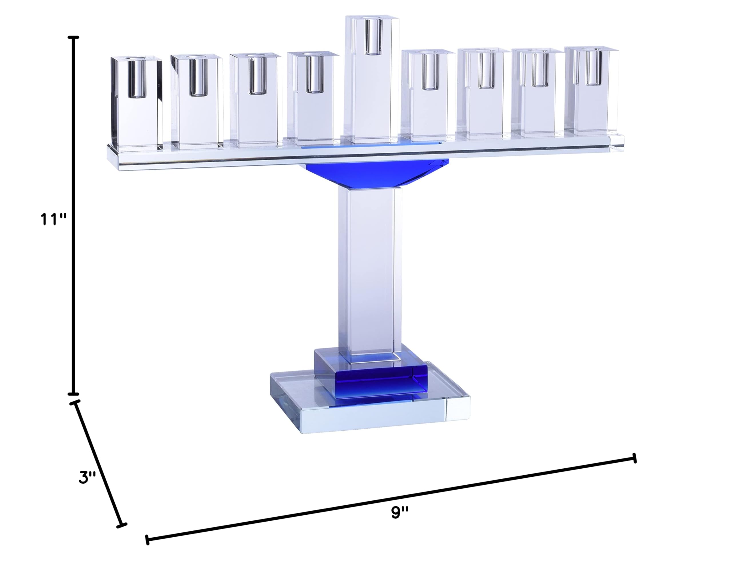 Blue Crystal Hanukkah Menorah - 9 Inch Modern Glass Candle Holder for Chanukah, Fits All Standard Hanukkah Candles | Perfect for Jewish Holiday Decor, Home Celebration & Gift Giving