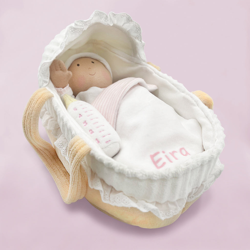 Personalized Baby Doll with Carry Cot - Soft Plush Toy for Kids, Perfect for Pretend Play, Gift for Girls & Toddlers - Ideal for Nursery, Role Play & Birthday Presents