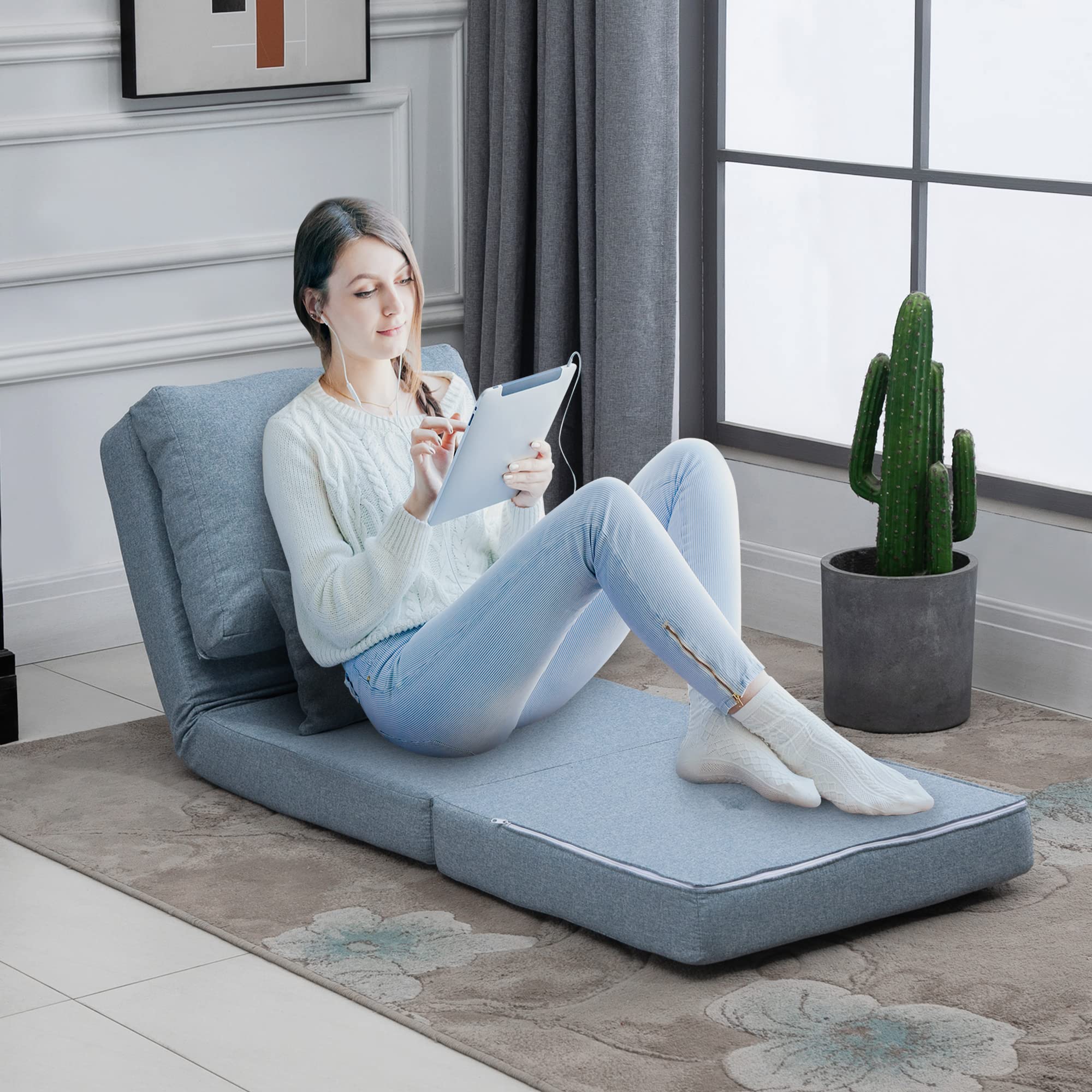 HOMCOM Convertible Flip Chair to Sofa Bed, Adjustable Backrest Folding Floor Lazy Couch with Metal Frame & Pillows - Blue Upholstered Furniture for Living Room, Bedroom, Small Space | Perfect for Lounging, Napping & Guest Sleeping