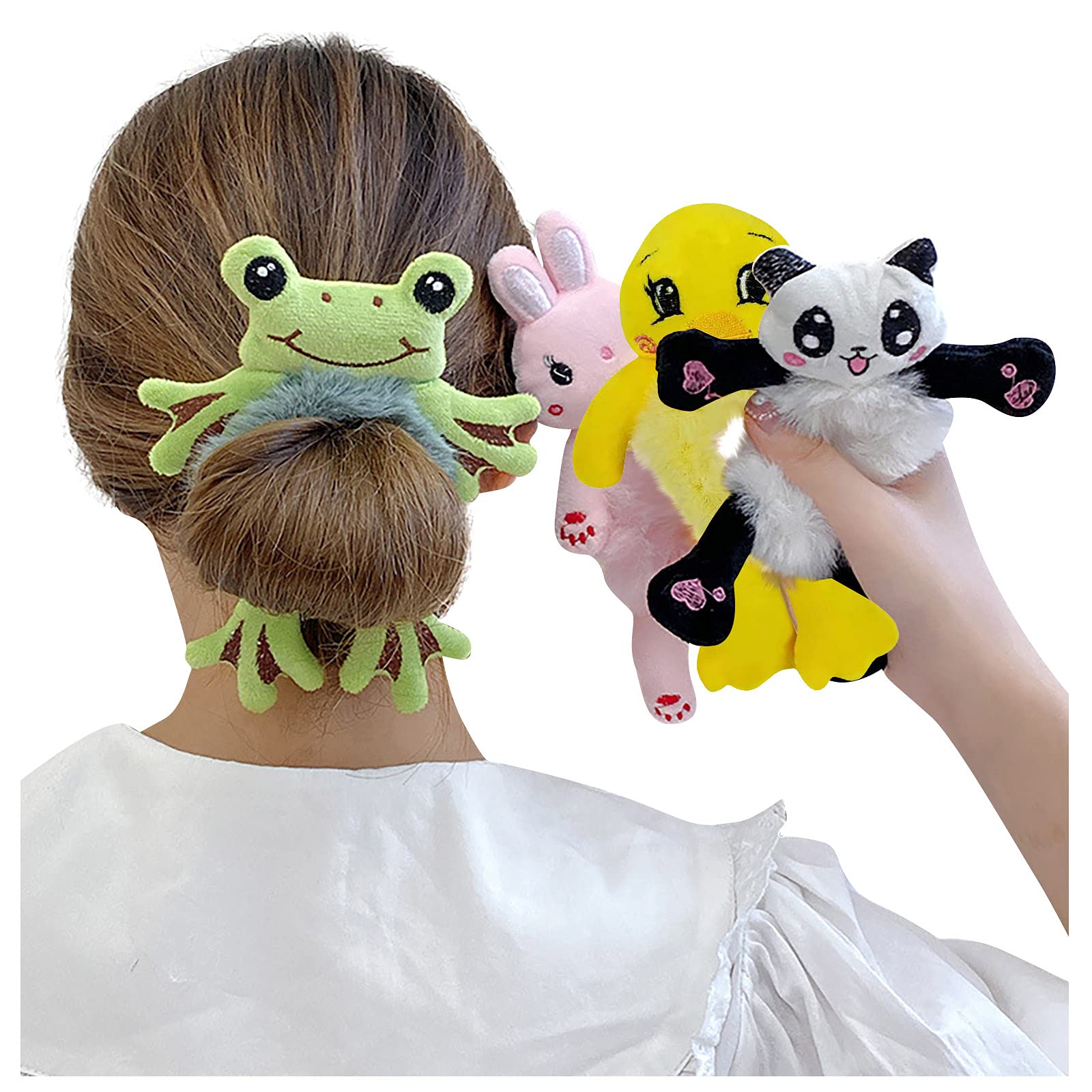Velvet Hair Scrunchies - Rabbit Bear Ponytail Holders for Women & Girls (Frog Green) - Perfect for Daily Use & Gifts