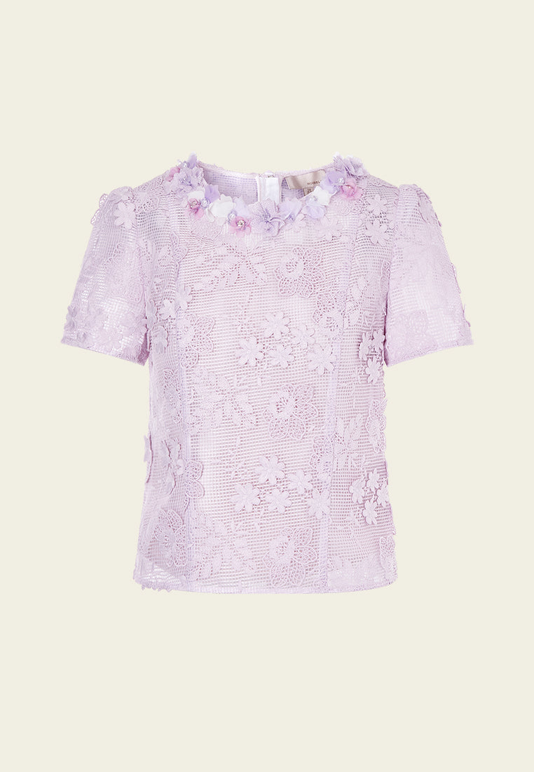 Elegant Lilac Round Neck Lace Blouse for Women - Perfect for Date Night & Special Occasions