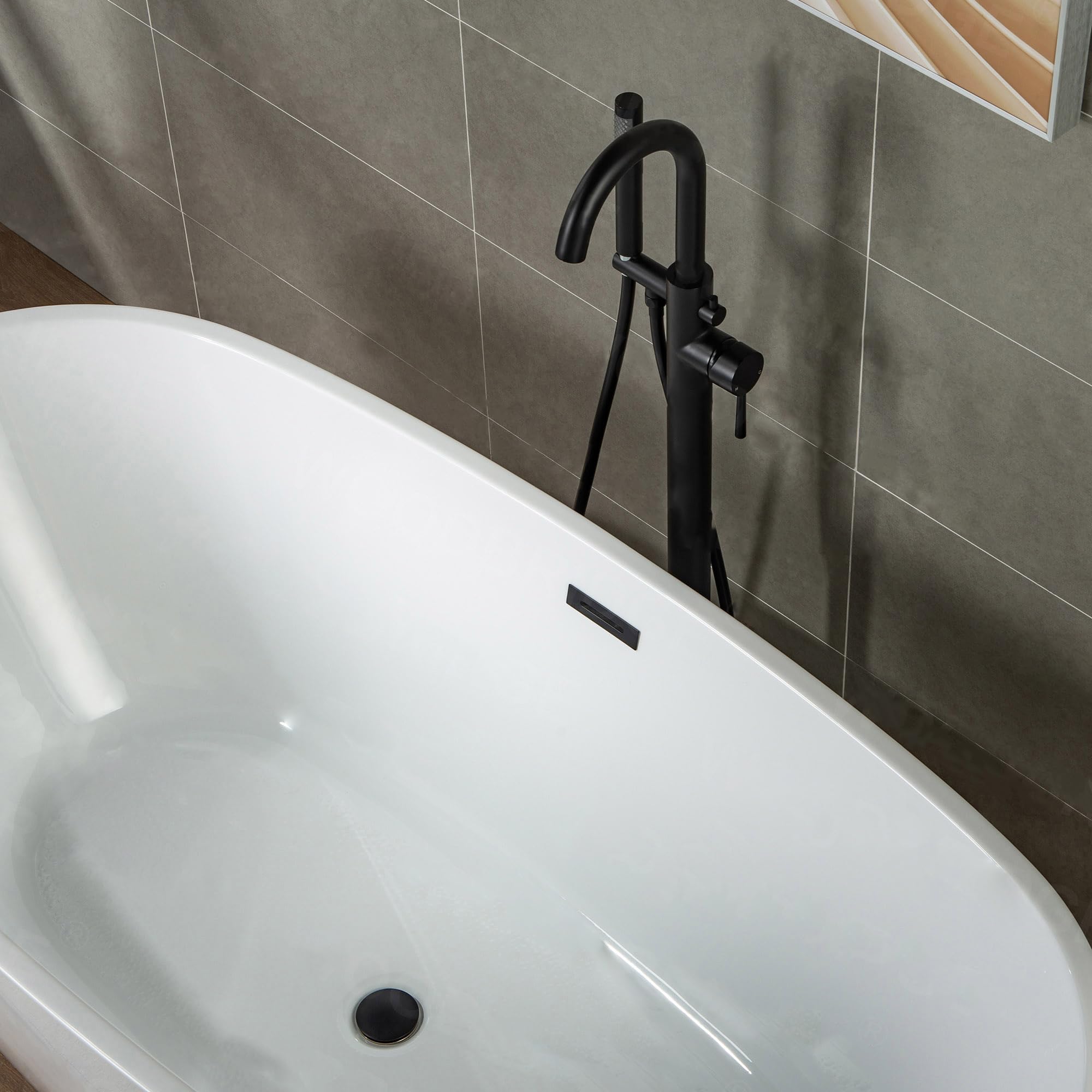 WOODBRIDGE F0006BL Matte Black Freestanding Tub Filler Faucet with Hand Shower - Contemporary Single Handle Floor Mount Bathtub Faucet for Modern Bathroom & Spa Relaxation