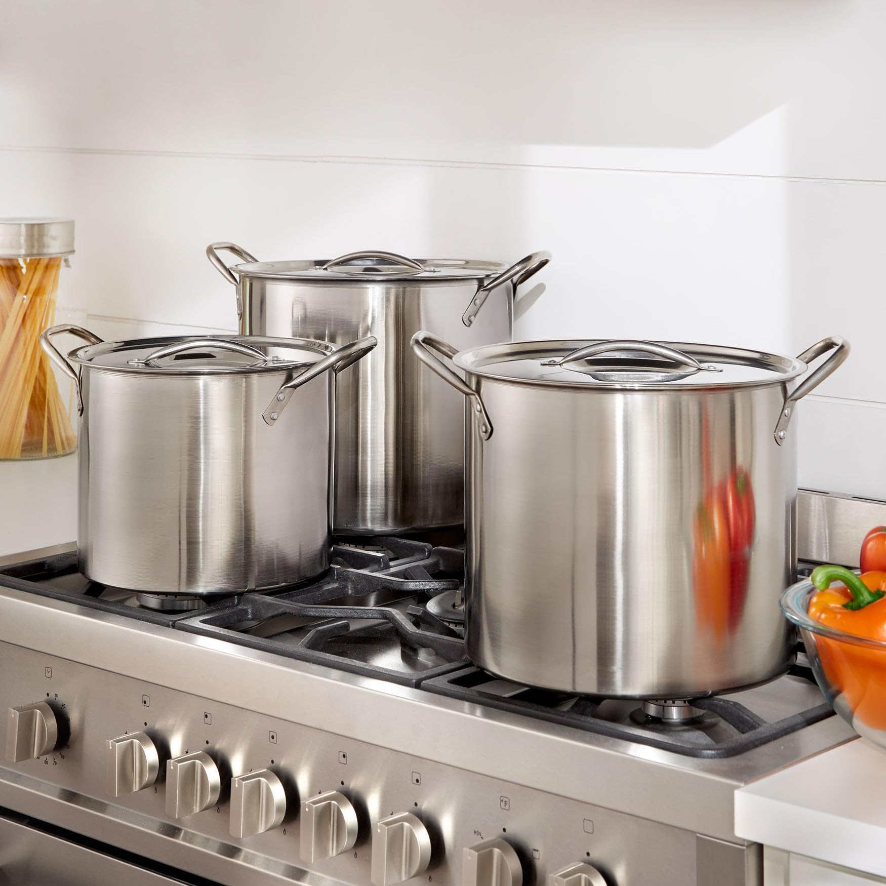 BrylaneHome 6-Piece Stainless Steel Stockpot Set (6/8/12 Quart) with Lid - Heavy Duty Food Grade Cookware for Stewing, Simmering, Soups - Gas & Dishwasher Safe, Rust-Free - Perfect for Home Cooking, Meal Prep & Large Gatherings