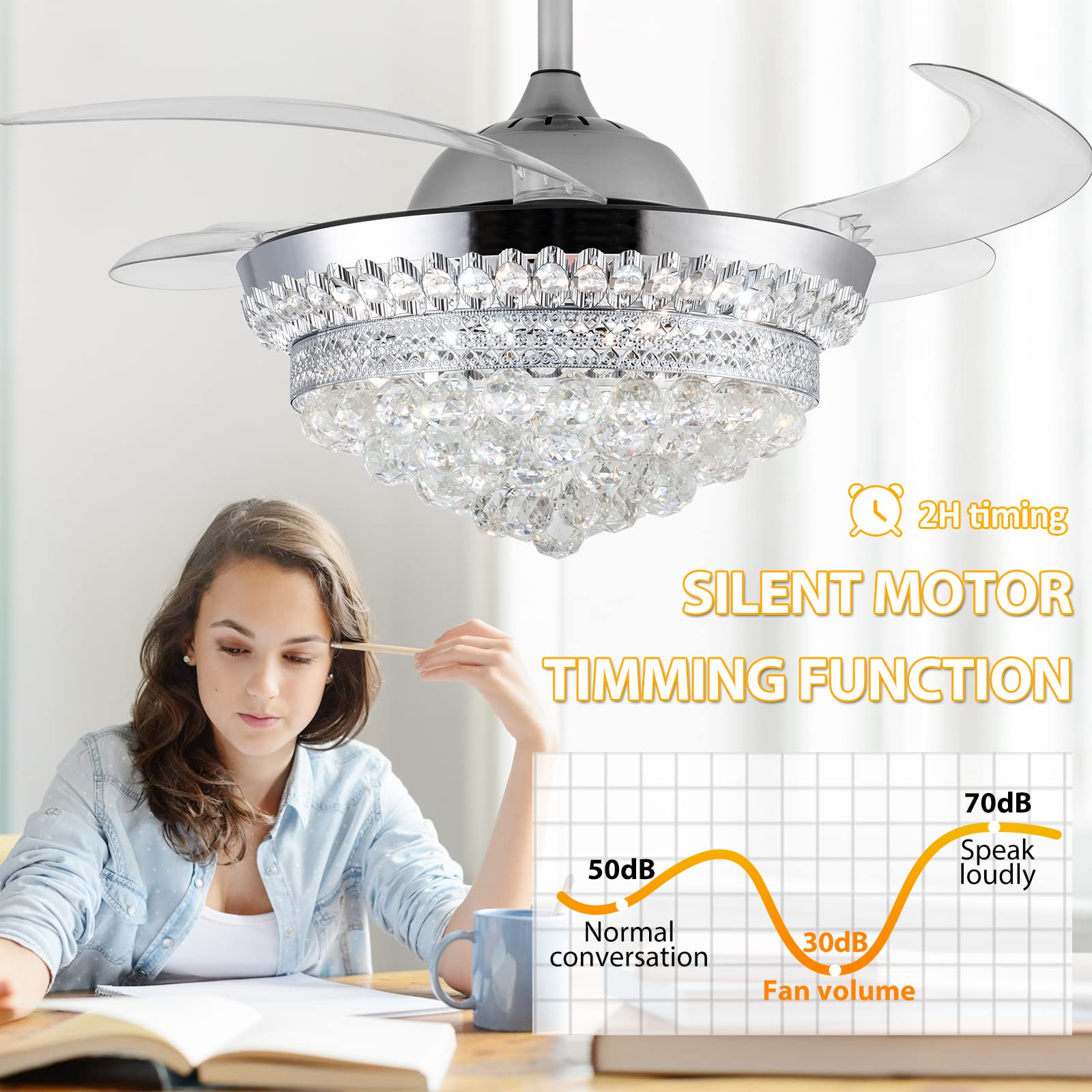 42 Inch Modern Crystal Ceiling Fan with Light & Remote Control - Dimmable Chandelier Fan, 6 Speed Settings, 4 Retractable ABS Blades - Perfect for Bedroom, Living Room, Dining Room & Home Office Decor