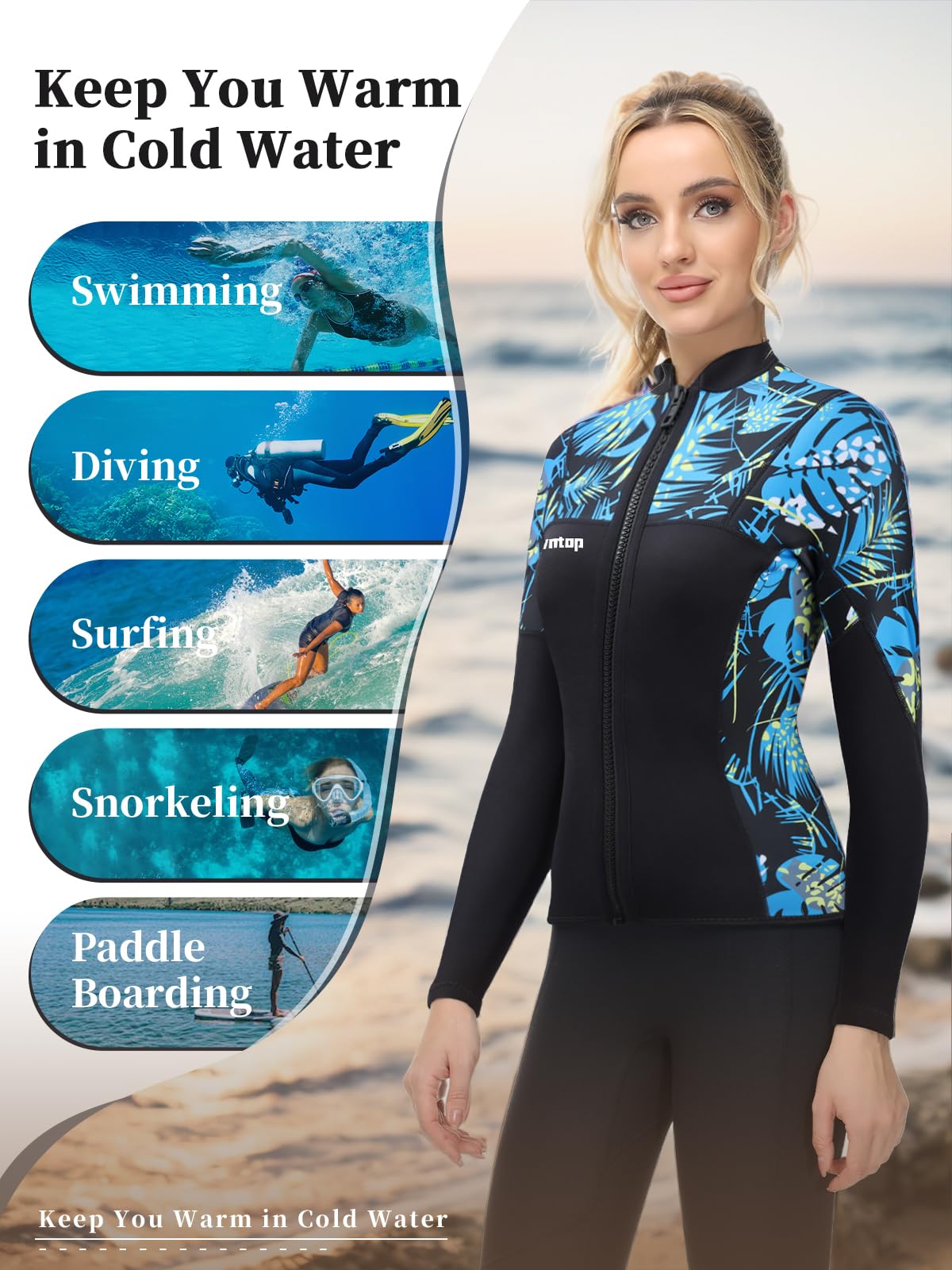 Owntop 2MM Neoprene Wetsuit Top for Women & Men - Long Sleeve Front Zipper Swimwear for Swimming, Diving, Surfing & Water Sports | Flexible Comfort Fit | Perfect for Beach Activities, Snorkeling & Cold Water Protection