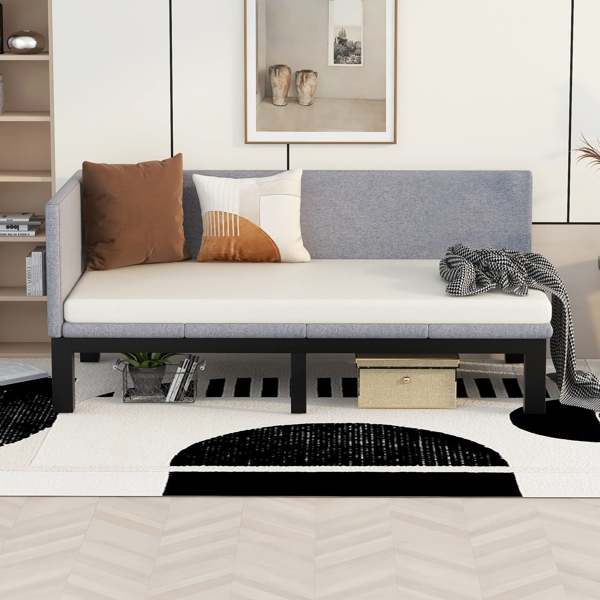 Merax Twin Size Daybed with Gray Upholstered Wood Frame & Linen Cover - Convertible Sofa Sleeper, Futon Bed for Small Spaces, Guest Room & Dormitory - Comfortable Mattress Included for Lounging and Sleeping