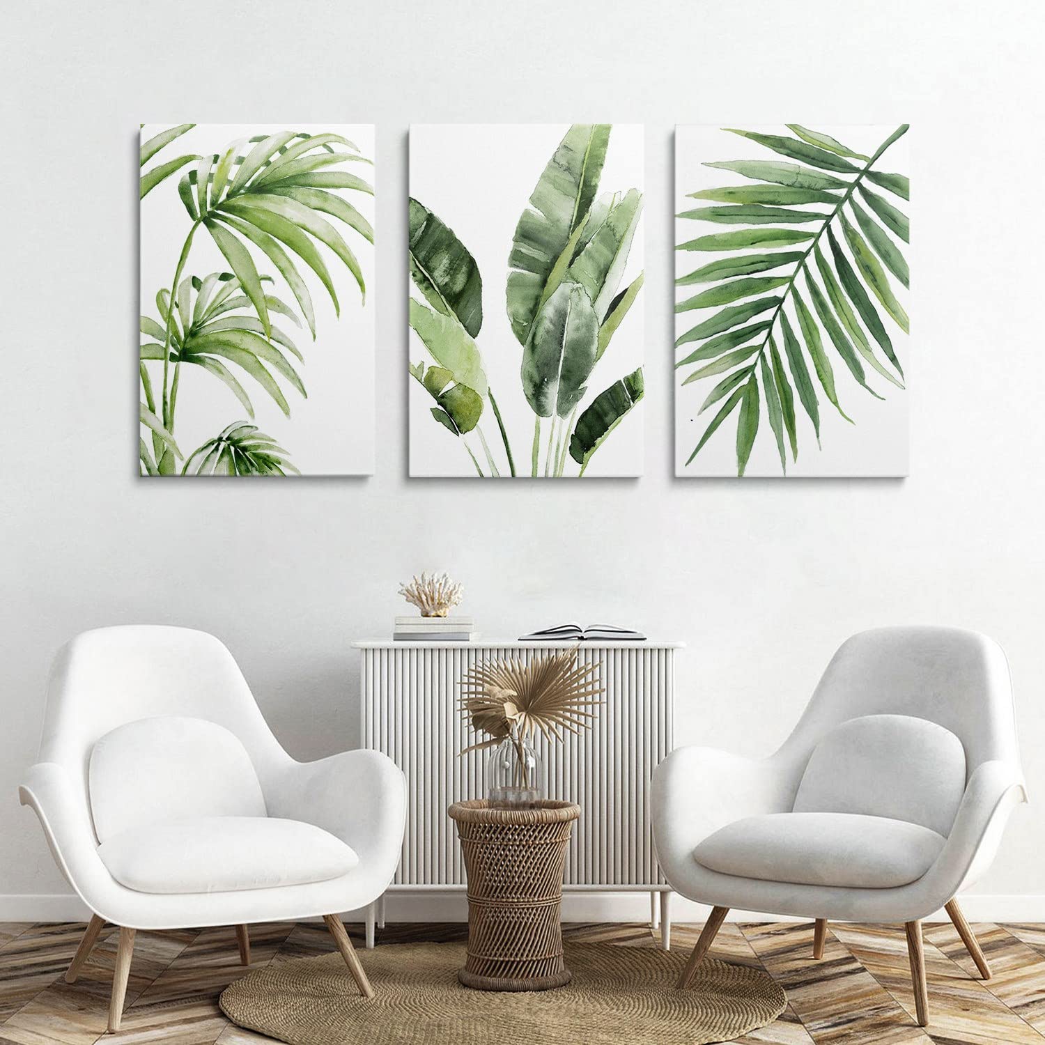 GUBIYU Set of 3 Tropical Leaf Wall Art Prints - 16x24 Inch Botanical Canvas Wall Decor with Green Leaves for Bedroom, Living Room & Boho Style Home Decor | Perfect for Housewarming Gifts & Interior Design