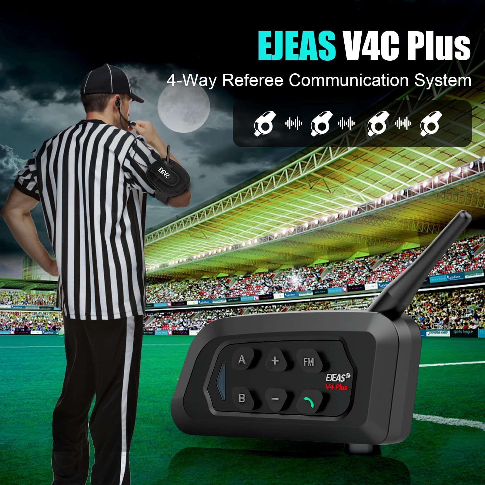 EJEAS V4C Plus Professional Referee Bluetooth Headset - 1200M Range, 4-Person Full Duplex Communication for Soccer & Handball Officials (2-Pack) | Ideal for Game Coordination, Tournament Use & Team Communication