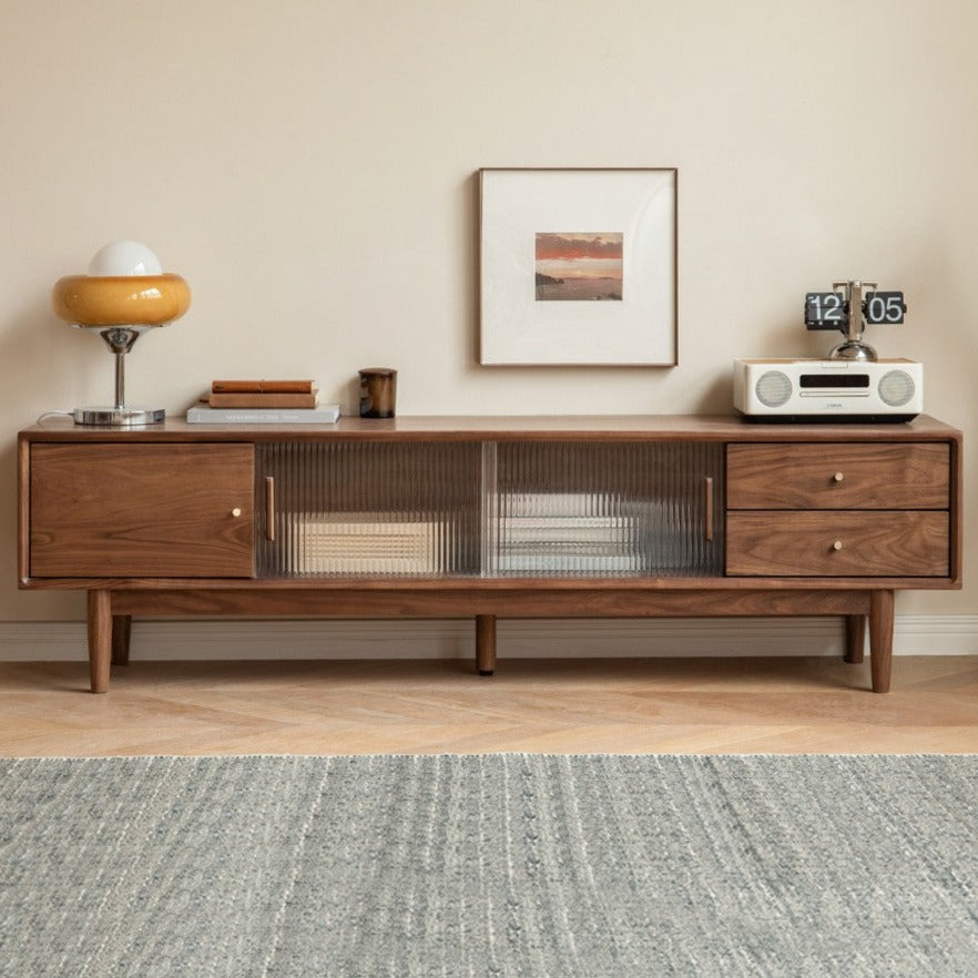 Premium Black Walnut Solid Wood TV Stand - Modern Entertainment Center with Storage Shelves for Living Room, Bedroom & Home Theater Setup