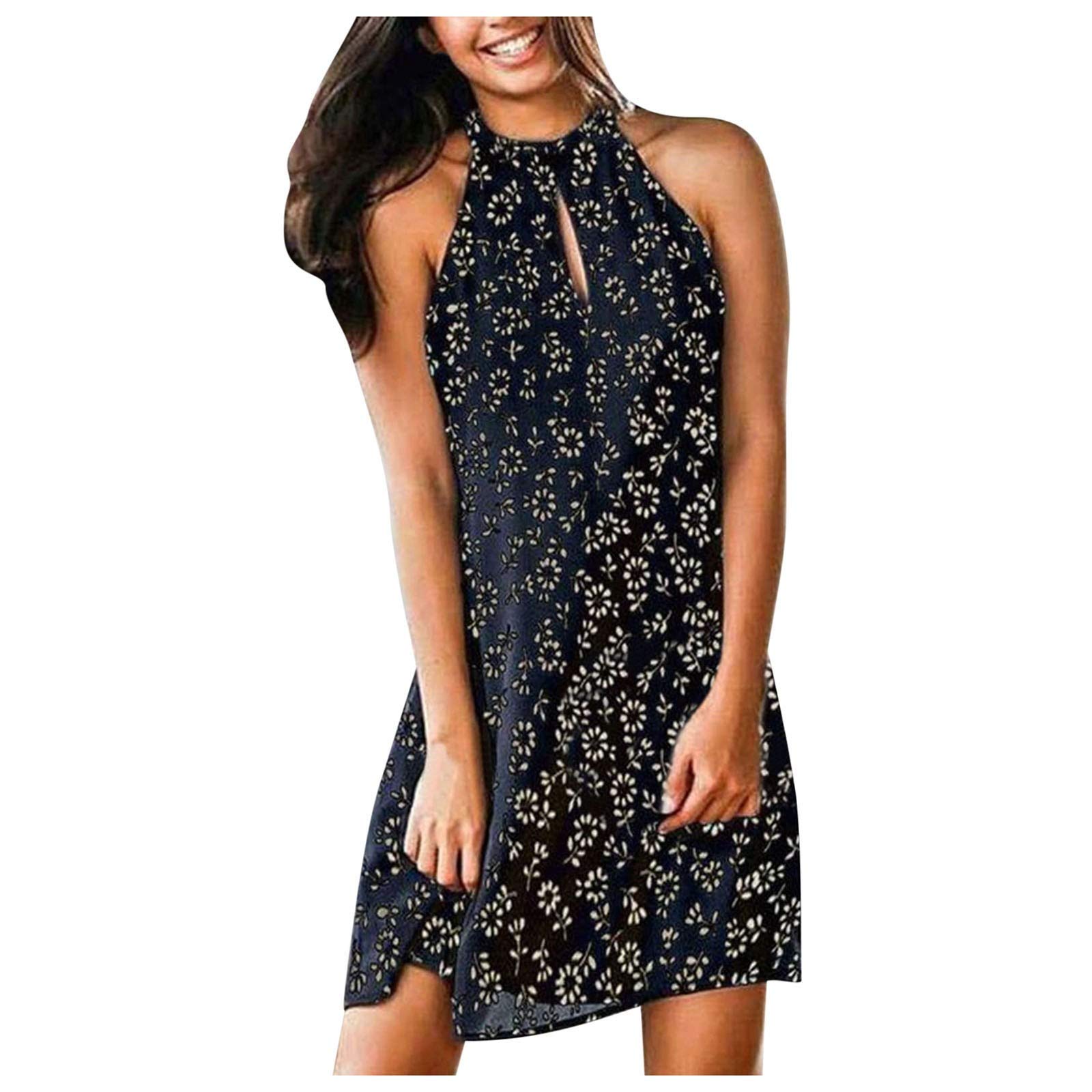 INNOVIERA Women's Summer Casual Sleeveless Floral Print Midi Sundress - Halter Neck Beach Dress for Vacation, Pool Party & Outdoor Date Night