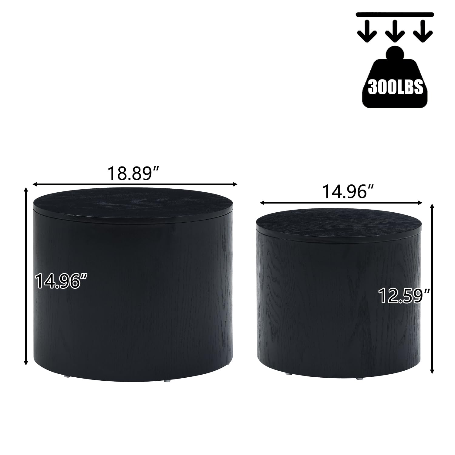 Modern Round Nesting Coffee Table Set of 2 - Wooden Drum Side Tables with Non-Slip Feet for Small Spaces | Perfect for Living Room, Bedroom, Balcony & Office Decor | Black Accent Tables
