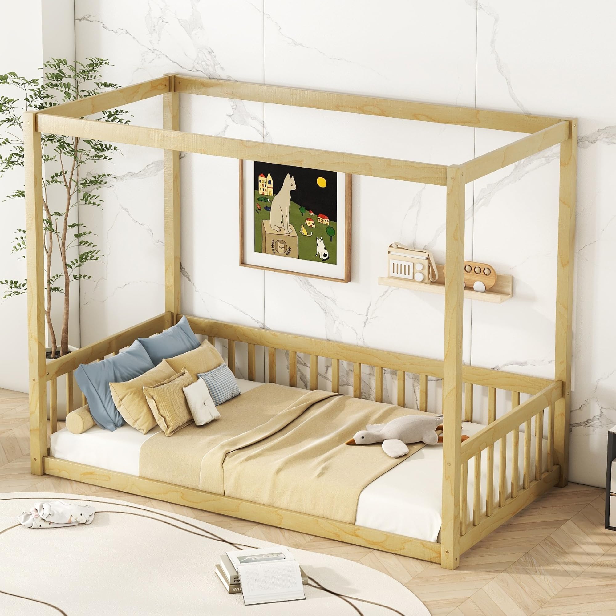Twin Size Wooden Canopy Bed Frame with Guardrails for Kids - Montessori Floor Bed with Four Poster Design - Natural Wood Toddler Bed for Girls & Boys - Perfect for Bedrooms, Playrooms & Montessori Learning Spaces