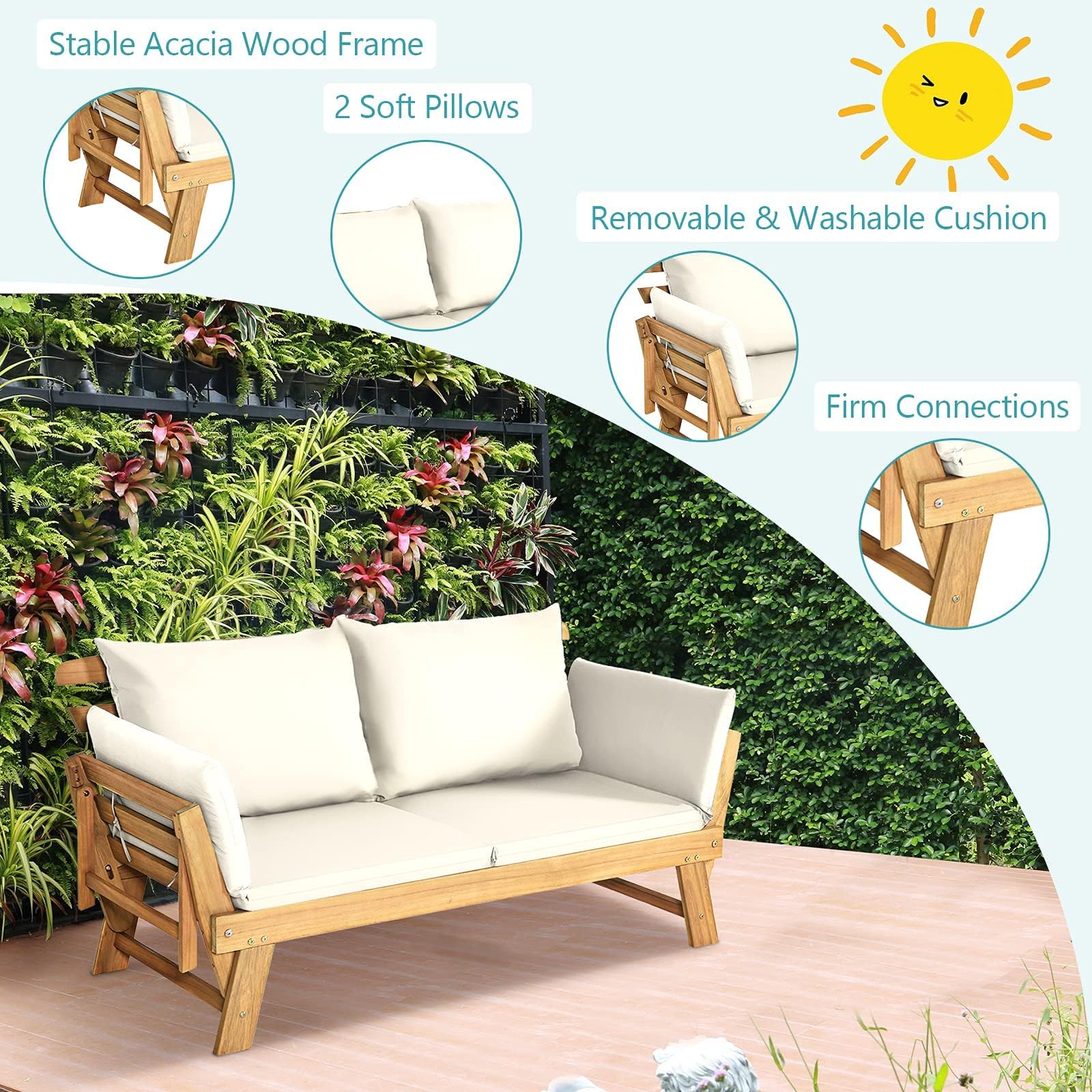 DORTALA Patio Convertible Couch Sofa Bed - Acacia Wood Daybed with Adjustable Armrest, Collapsible Chaise Lounge with Cushions & Pillows - Outdoor Loveseat for Poolside, Courtyard, Garden, Balcony (White) - Perfect for Relaxing, Sunbathing and Outdoor Entertaining