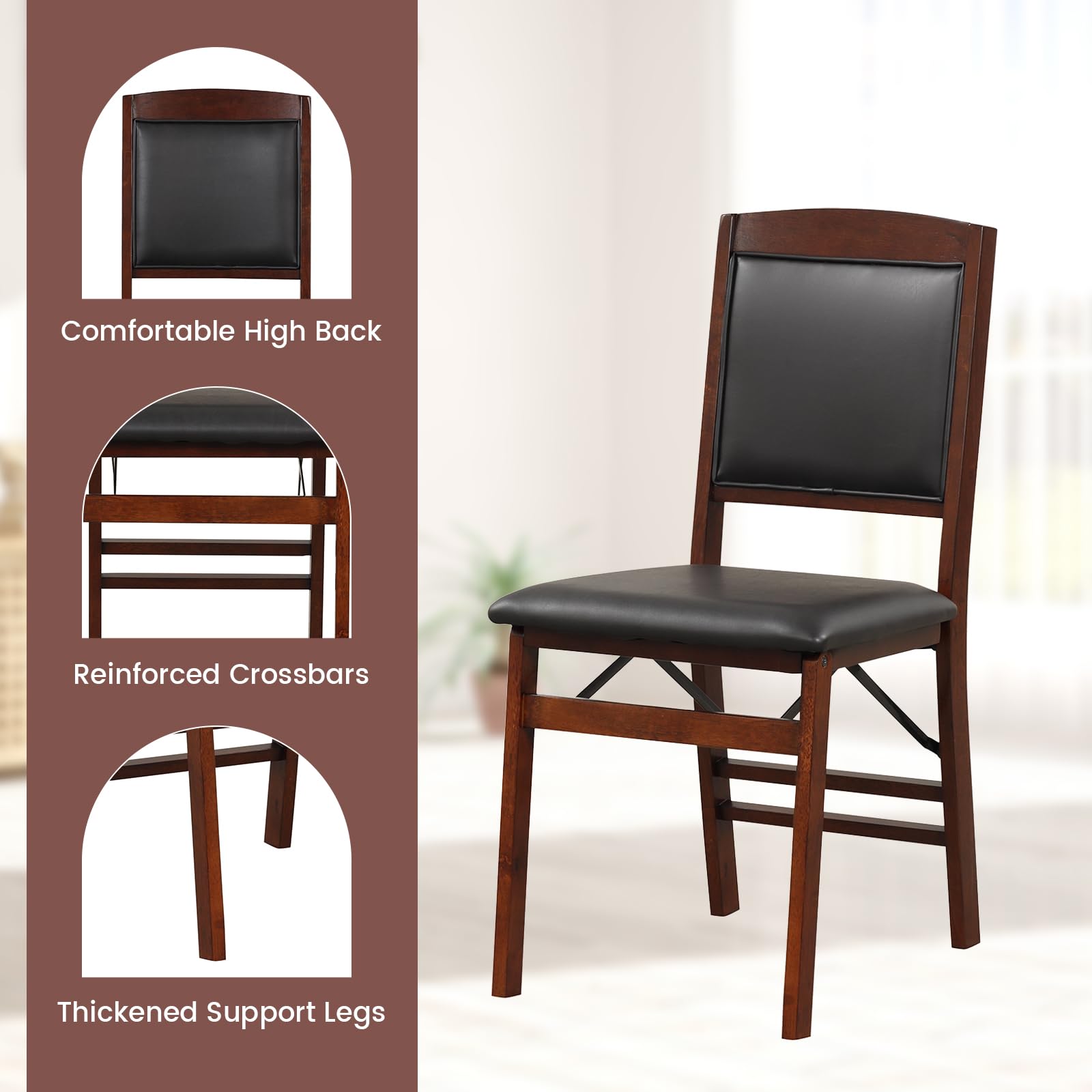 GOFLAME 4-Pack Folding Dining Chairs Set - Wooden Frame with PVC Padded Seat & High Backrest, Space-Saving Foldable Chairs for Kitchen, Living Room, Restaurant, Patio, and Outdoor Dining