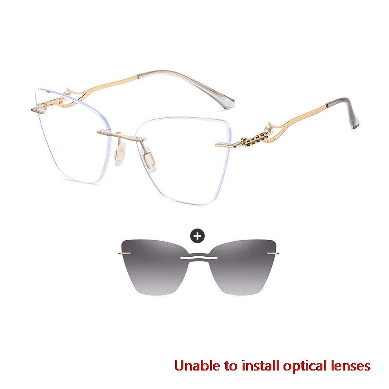 CCspace Women's Rimless Cat Eye Alloy Eyeglasses Clip-On Sunglasses - Lightweight UV Protection for Driving, Reading & Outdoor Activities