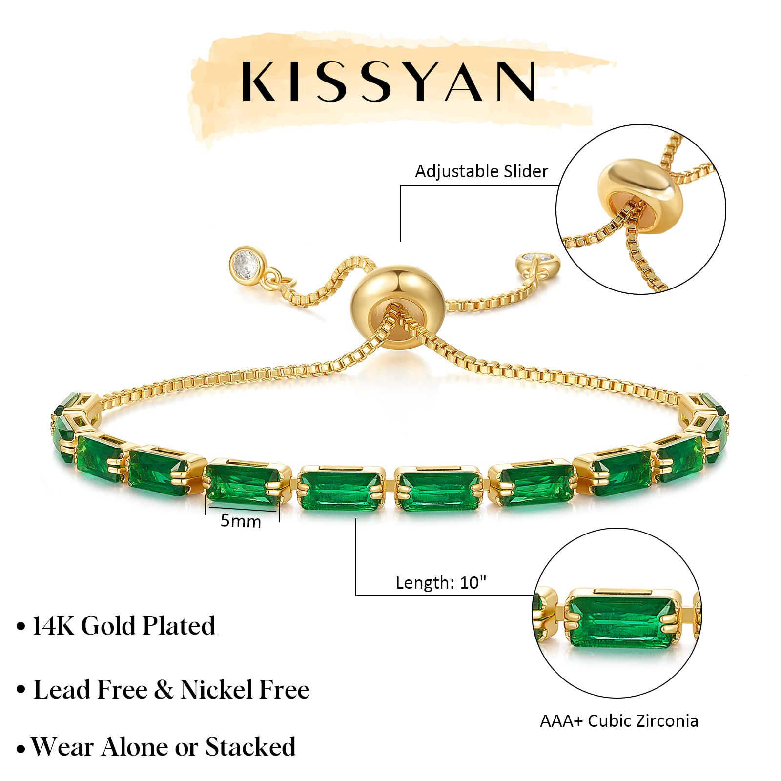 KissYan 14K Gold Plated Cubic Zirconia Tennis Bracelet for Women - Adjustable Slider Bracelet Trendy Jewelry Gift for Birthday, Anniversary & Special Occasions