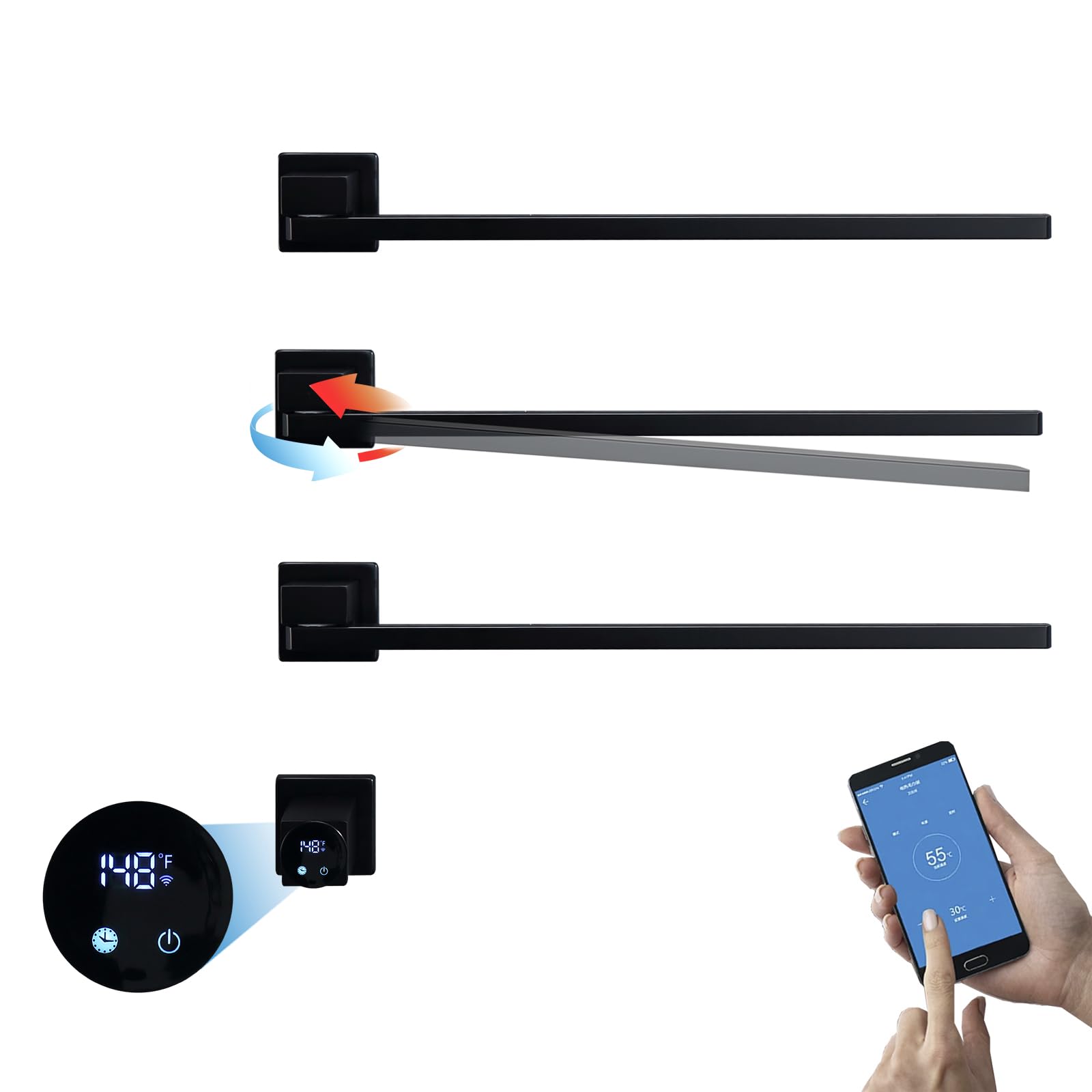 Digital Display Heated Towel Rack with WiFi Control - 180° Swivel Electric Towel Warmer with Timer (1-24H), Adjustable Temperature 115°F-145°F, 66W Concealed Bathroom Towel Rail - Perfect for Spa-Like Luxury & Quick Drying in Homes, Hotels, and Gyms