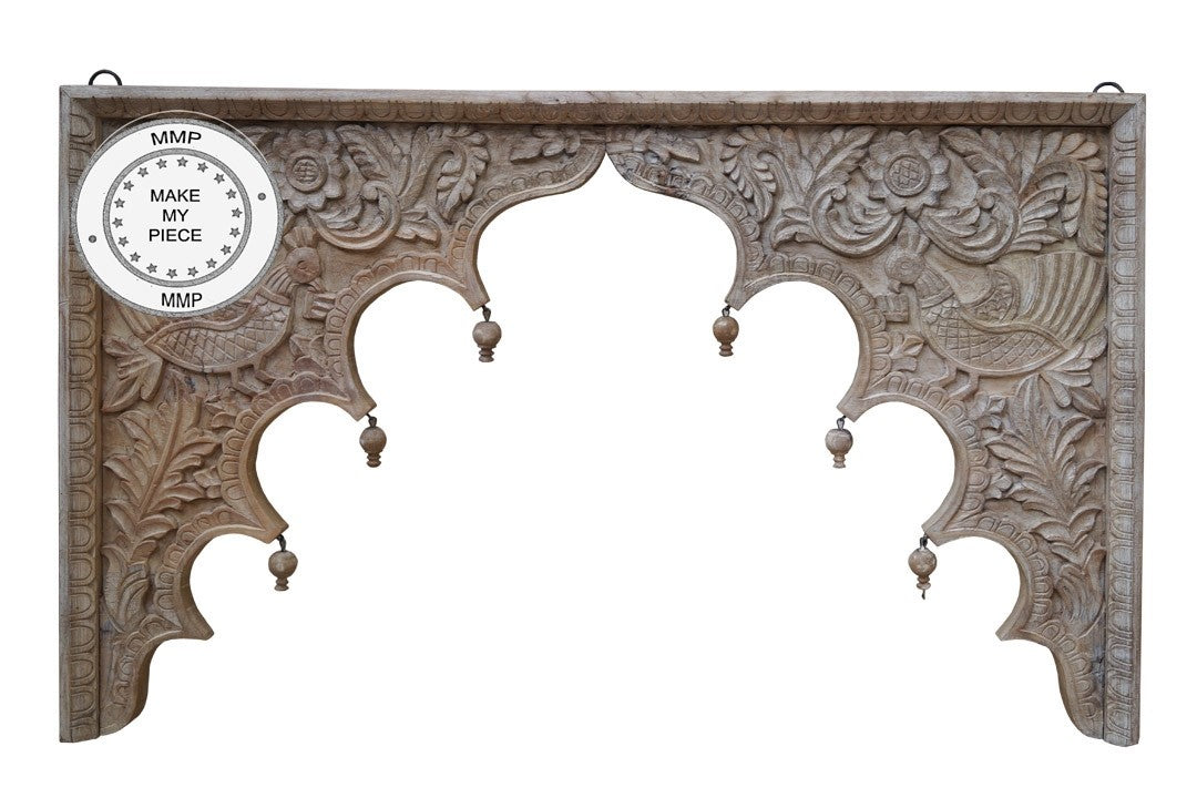 Hand Carved Indian Wooden Arch Carved Panel Bedhead - Natural Solid Wood Headboard for Master Bedroom, Guest Room, and Luxury Hotel Decor