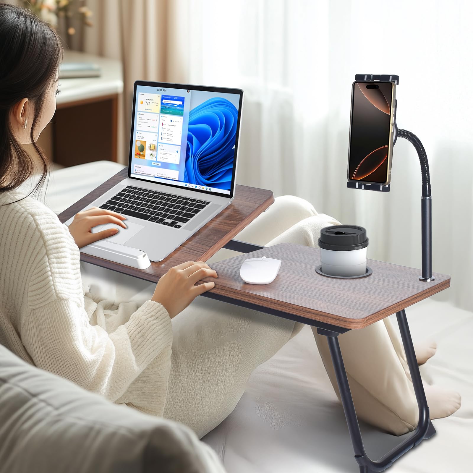Portable Laptop Desk with Phone Holder & Foldable Legs - Dark Wood Finish Adjustable Standing Desk for Home Office, Bed, Couch & Outdoor Use