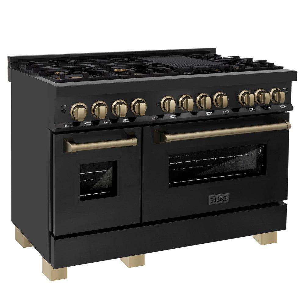 ZLINE Autograph Edition 48-inch Black Stainless Steel Dual Fuel Range & Range Hood with Champagne Bronze Accents - 2AKP RABRH48 CB | Professional Kitchen Package for Home Chefs & Cooking Enthusiasts | Perfect for Modern Kitchens & Gourmet Cooking