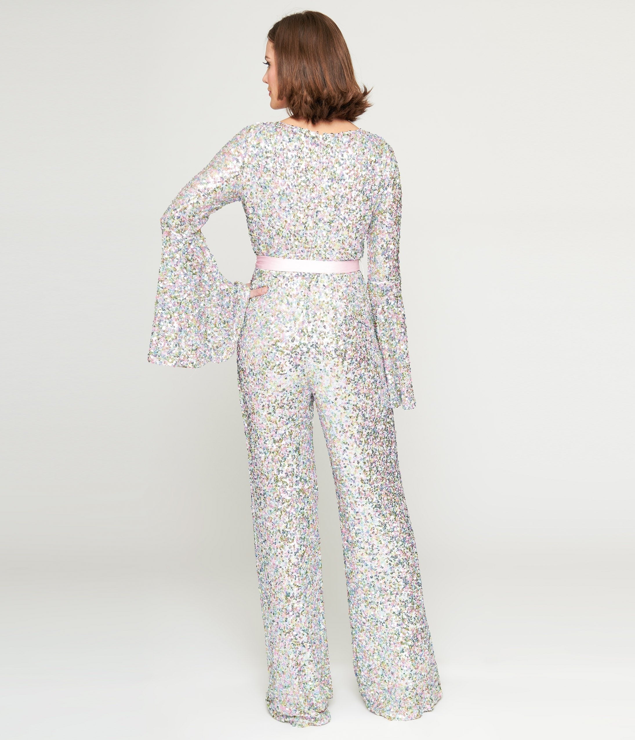 Smak Parlour 1960s Vintage Pastel Rainbow Sequin Bell Sleeve Jumpsuit - Retro Party Outfit for Women, Festival Costume, Disco Dancewear & 60s Themed Events