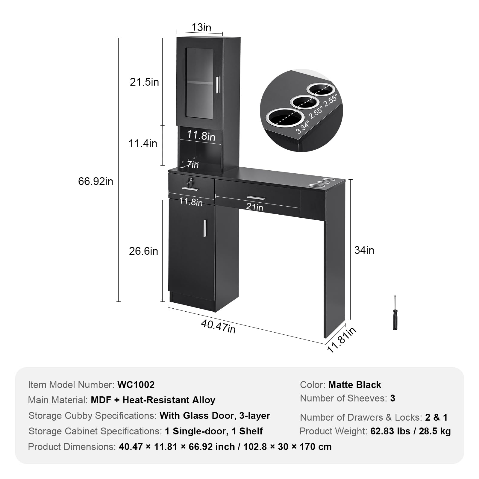 VEVOR Wall Mount Salon Station for Hair Stylists & Barbers - Black Beauty Spa Furniture with Storage Cabinet, 3 Cubbies & 2 Drawers (1 Lockable) - Perfect for Home Salons, Barber Shops & Professional Styling Stations