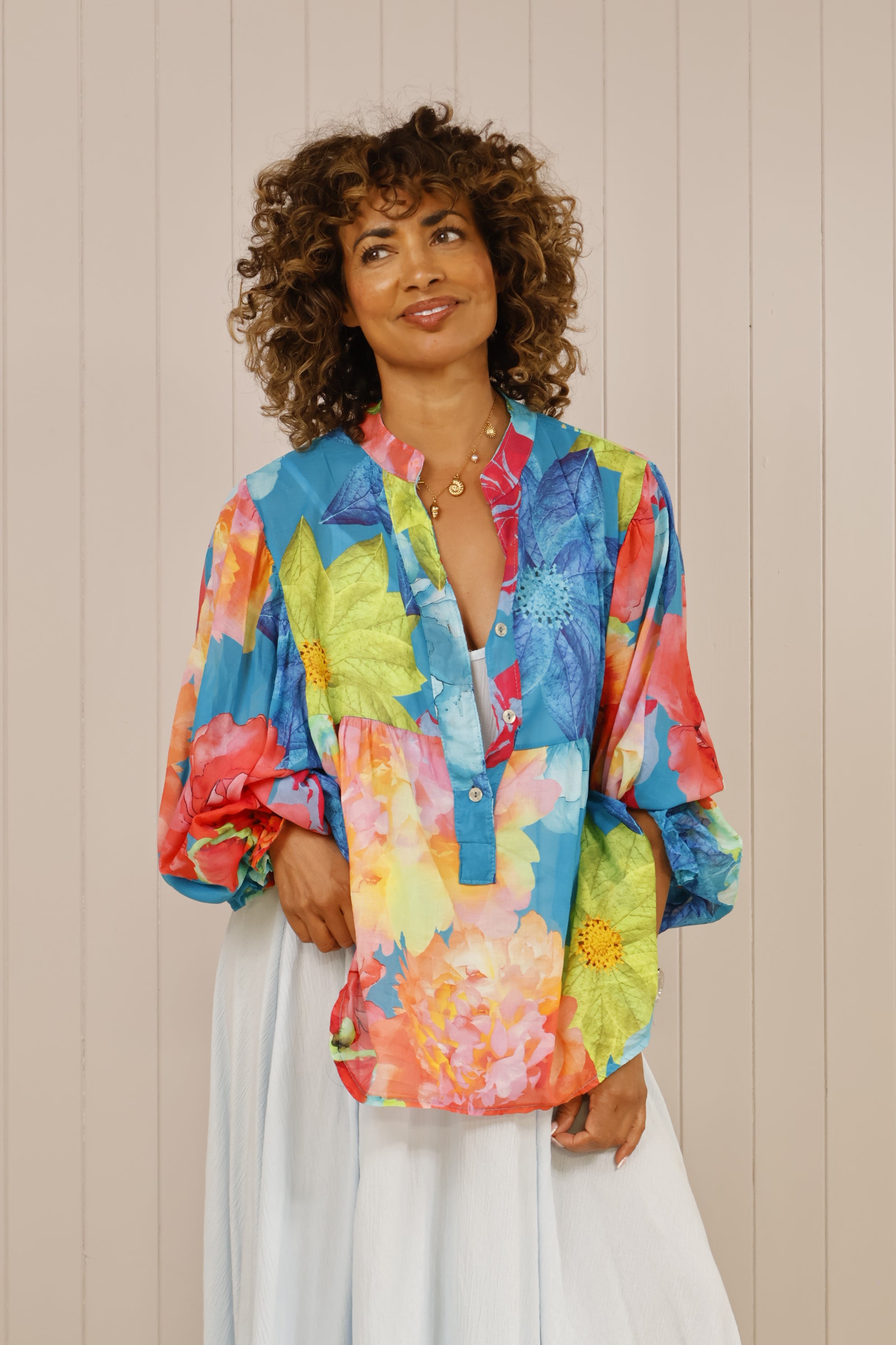 Stylish Multi-Print Floral Blouse in Turquoise - Perfect for Casual Outings, Office Wear & Summer Fashion