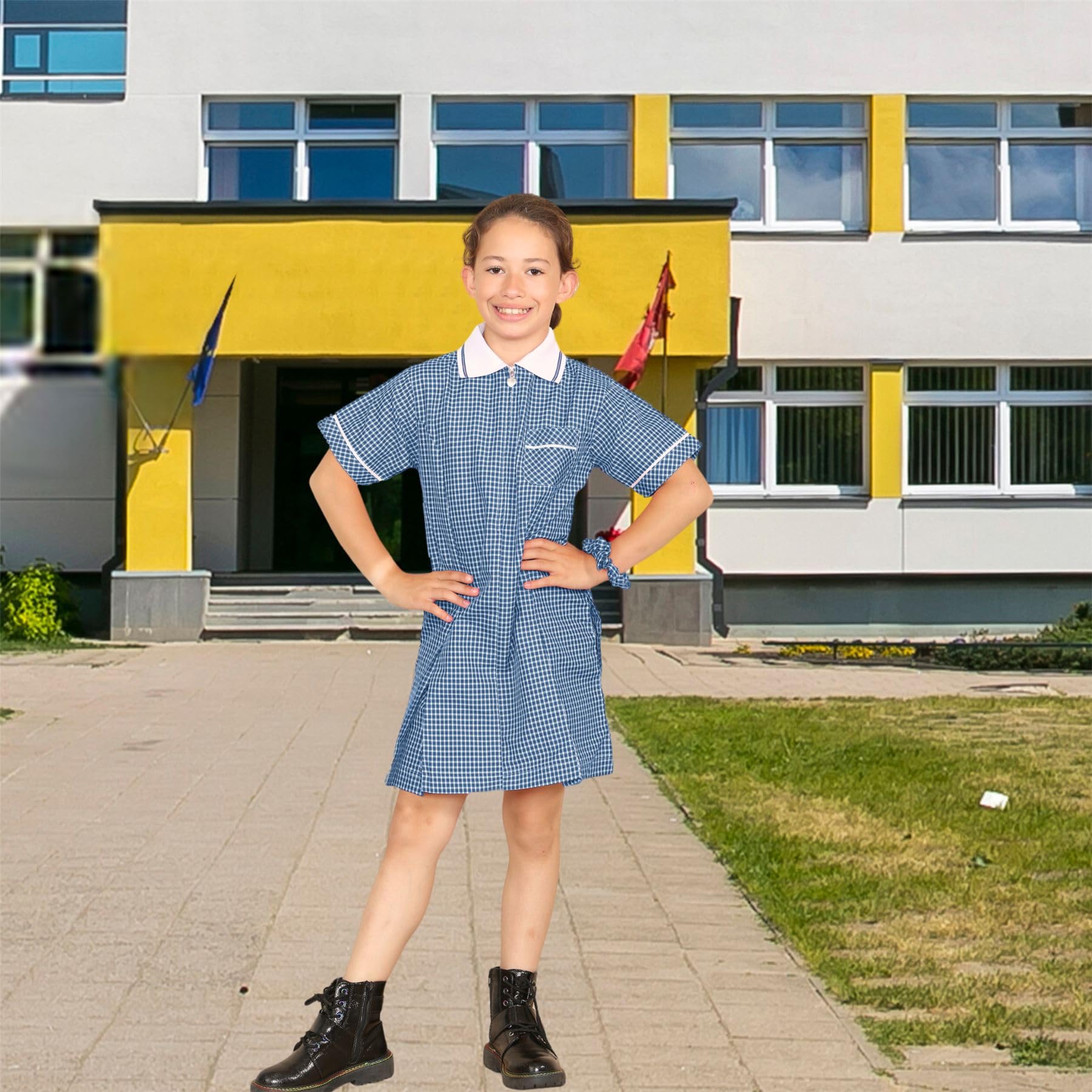 Janisramone® Girls' Gingham School Dress - Short Sleeve Uniform for Ages 3-20 | Perfect for Classroom, Back to School, and Special Occasions