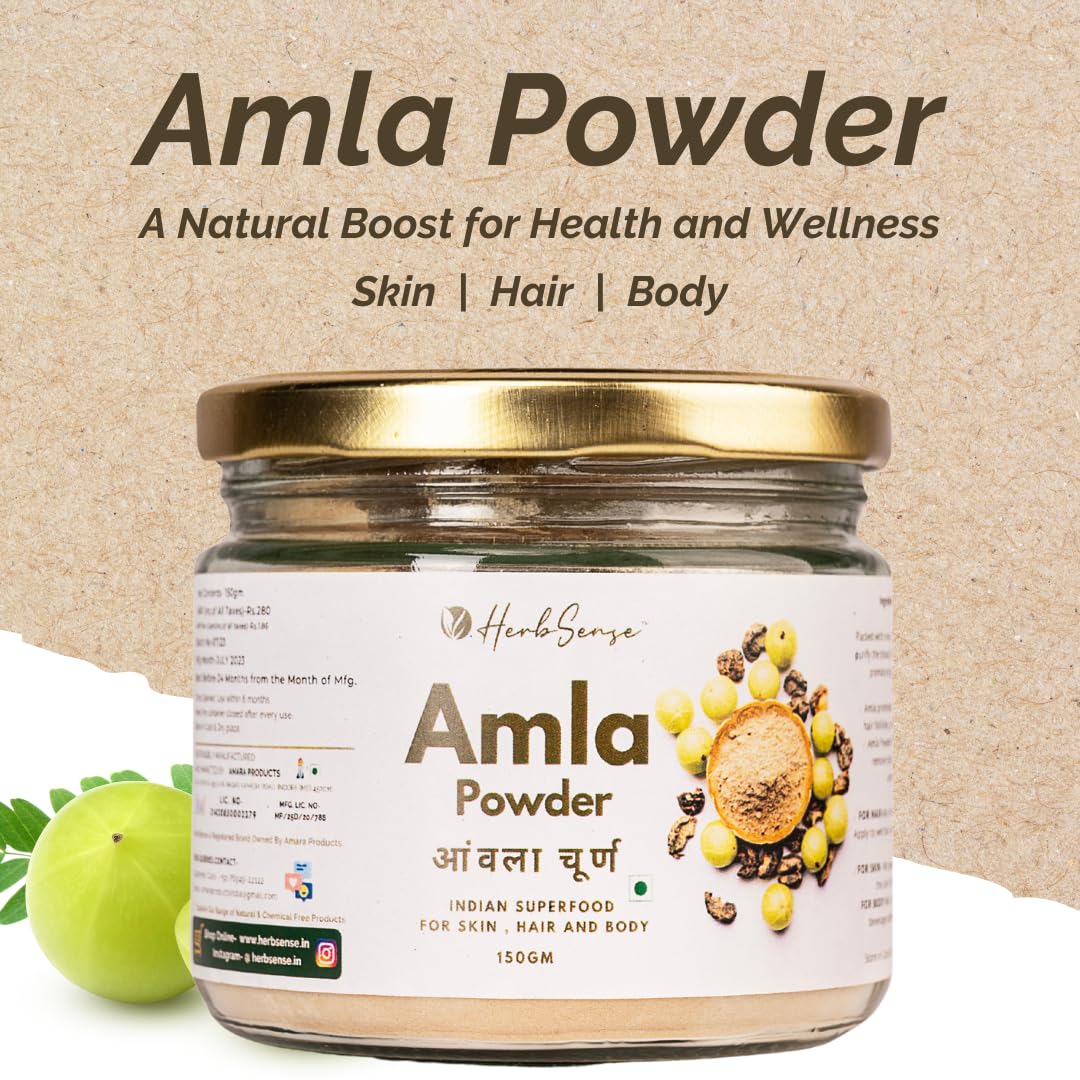 Herbsense Amla Powder (Awla Churna) - 150g Indian Gooseberry Superfood for Skin, Hair & Diet | Natural Face Mask & Hair Care Treatment | Boosts Immunity & Glow | Perfect for Smoothies, Face Packs & Hair Growth Remedies