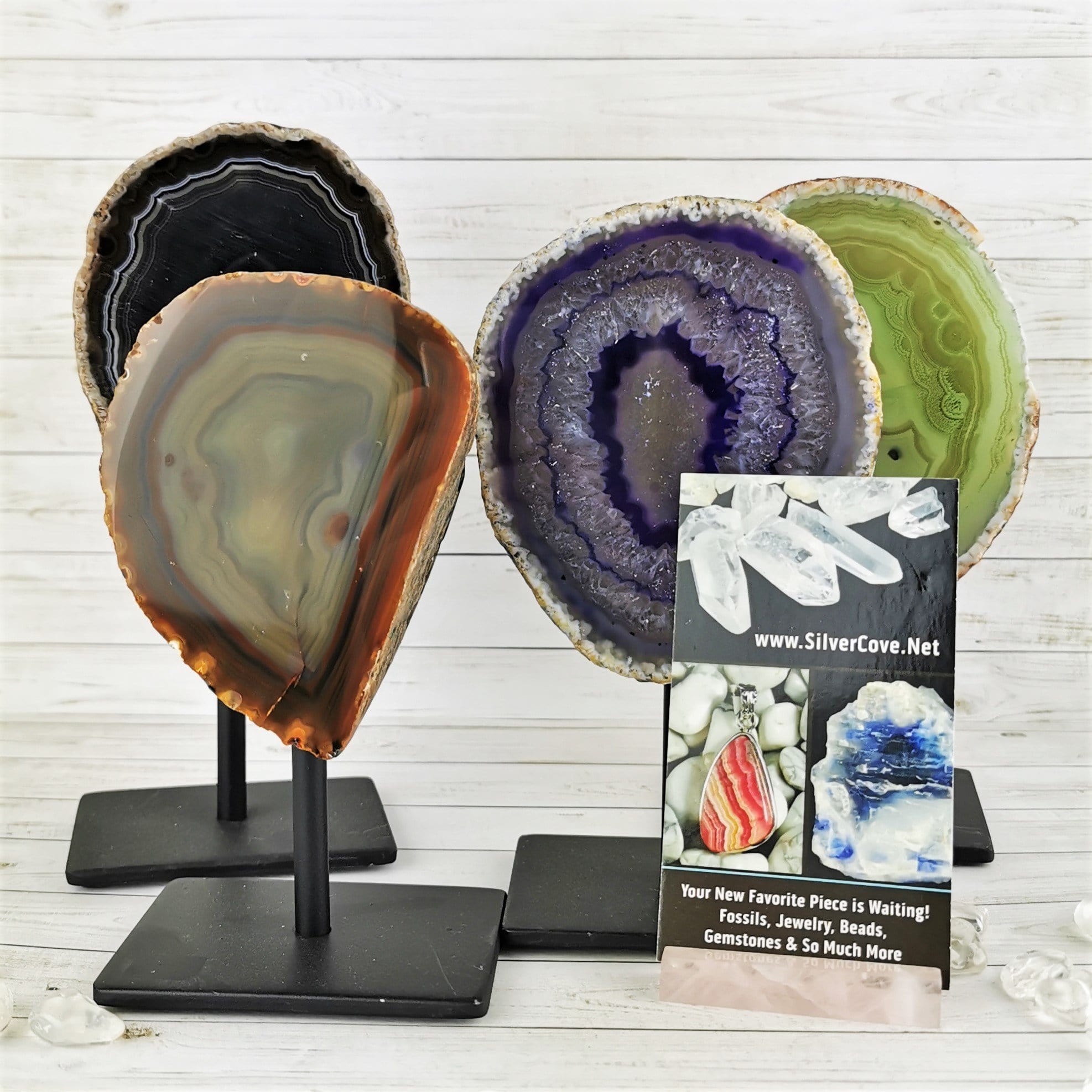 Natural Agate Crystal Specimens on Wooden Display Stands - Perfect for Home Decor, Office Feng Shui, and Mineral Collection Showcase