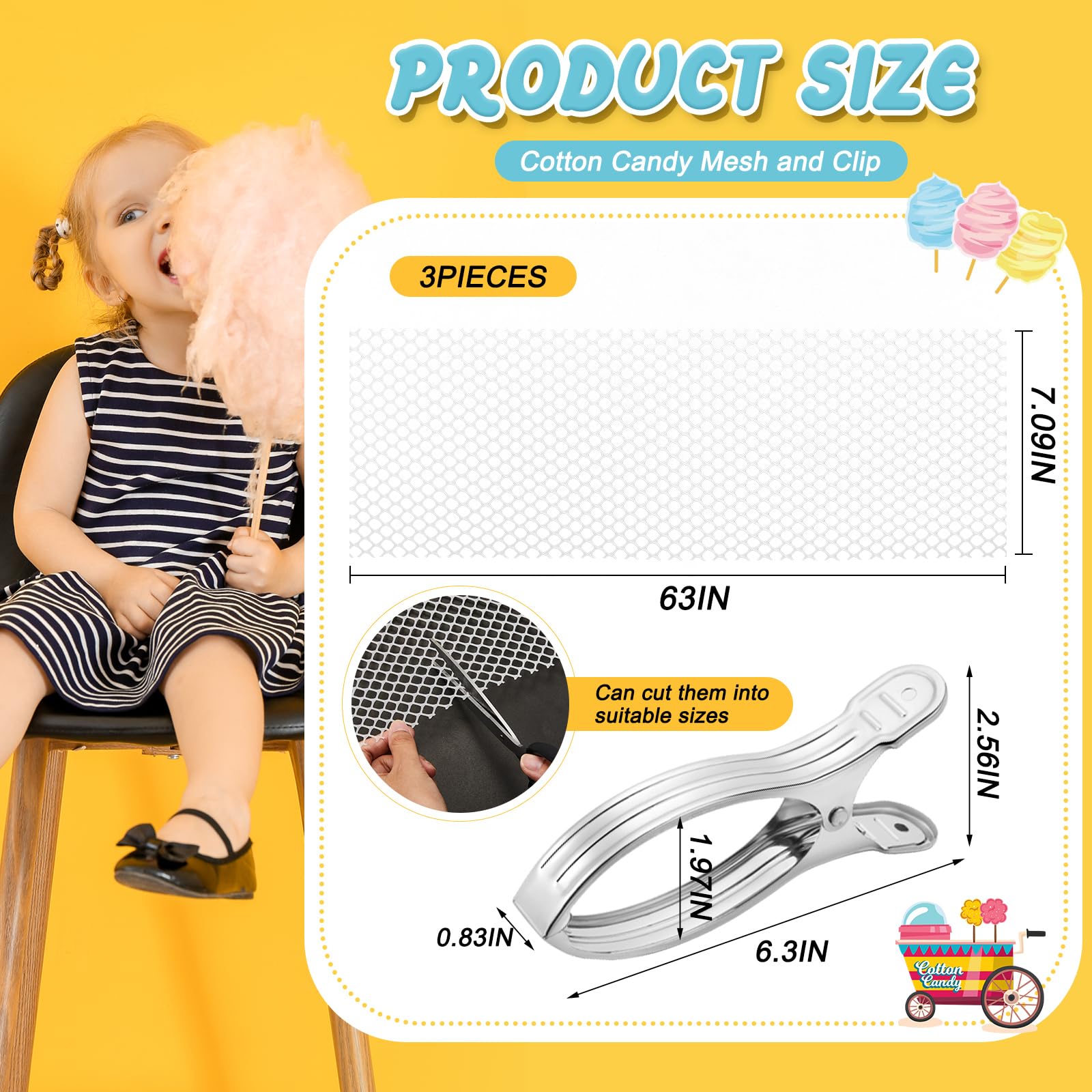 Juexica 3-Piece Cotton Candy Mesh & Clip Stabilizer Kit - Includes 3 Cotton Candy Meshes & 12 Clip Stabilizers - Candy Making Supplies for Cotton Candy Machines - Perfect for Parties, Carnivals & Home Use