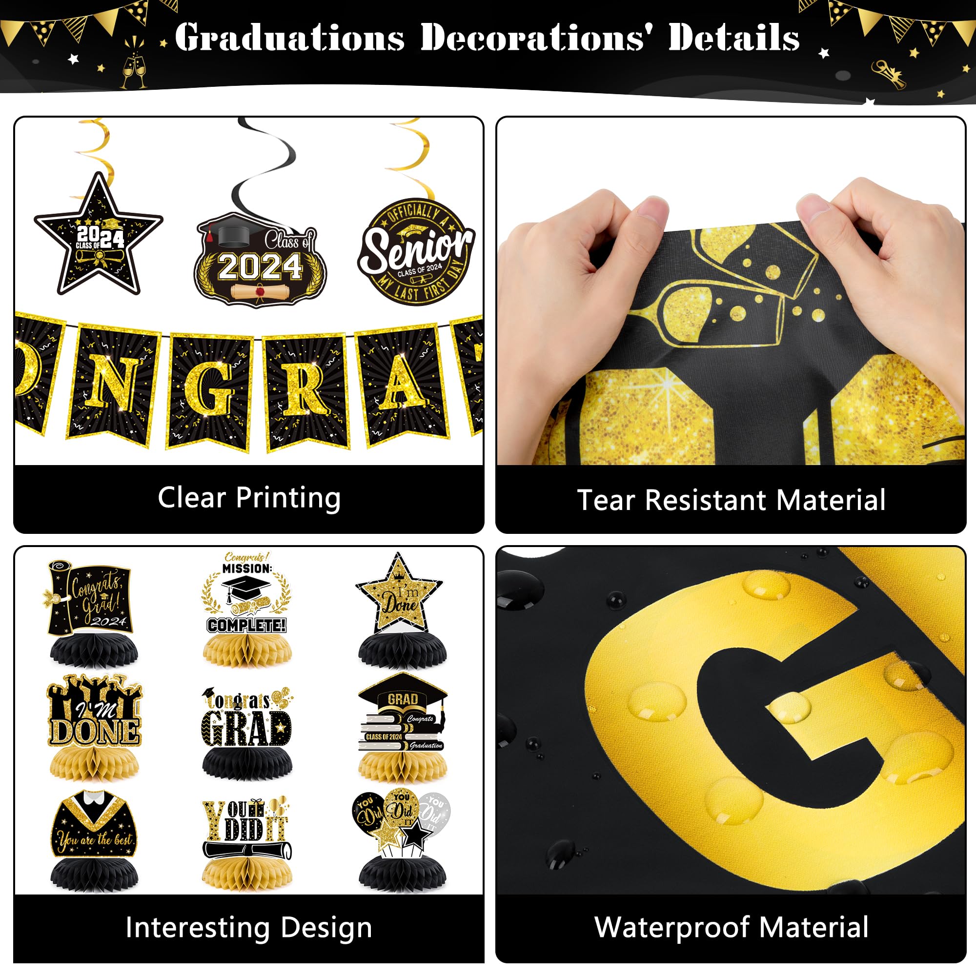 2024 Graduation Decor Kit - Black Gold Banner & Backdrop for Grad Party