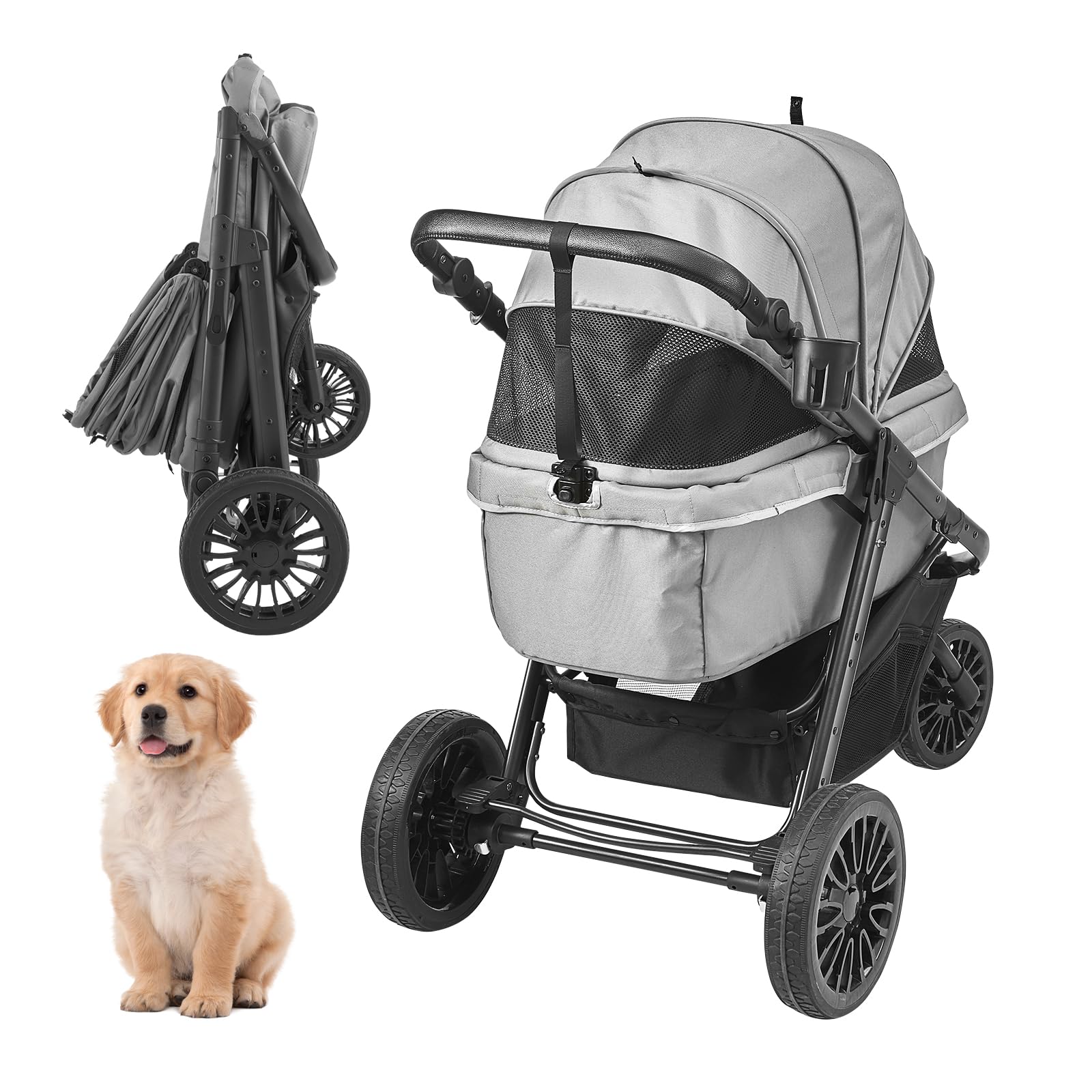 VEVOR Heavy Duty 3-Wheel Folding Pet Stroller for Large Dogs & Cats up to 75lbs - Adjustable Handle, Zipperless Canopy & Storage Basket - Perfect for Jogging, Walking & Outdoor Adventures with Your Pet
