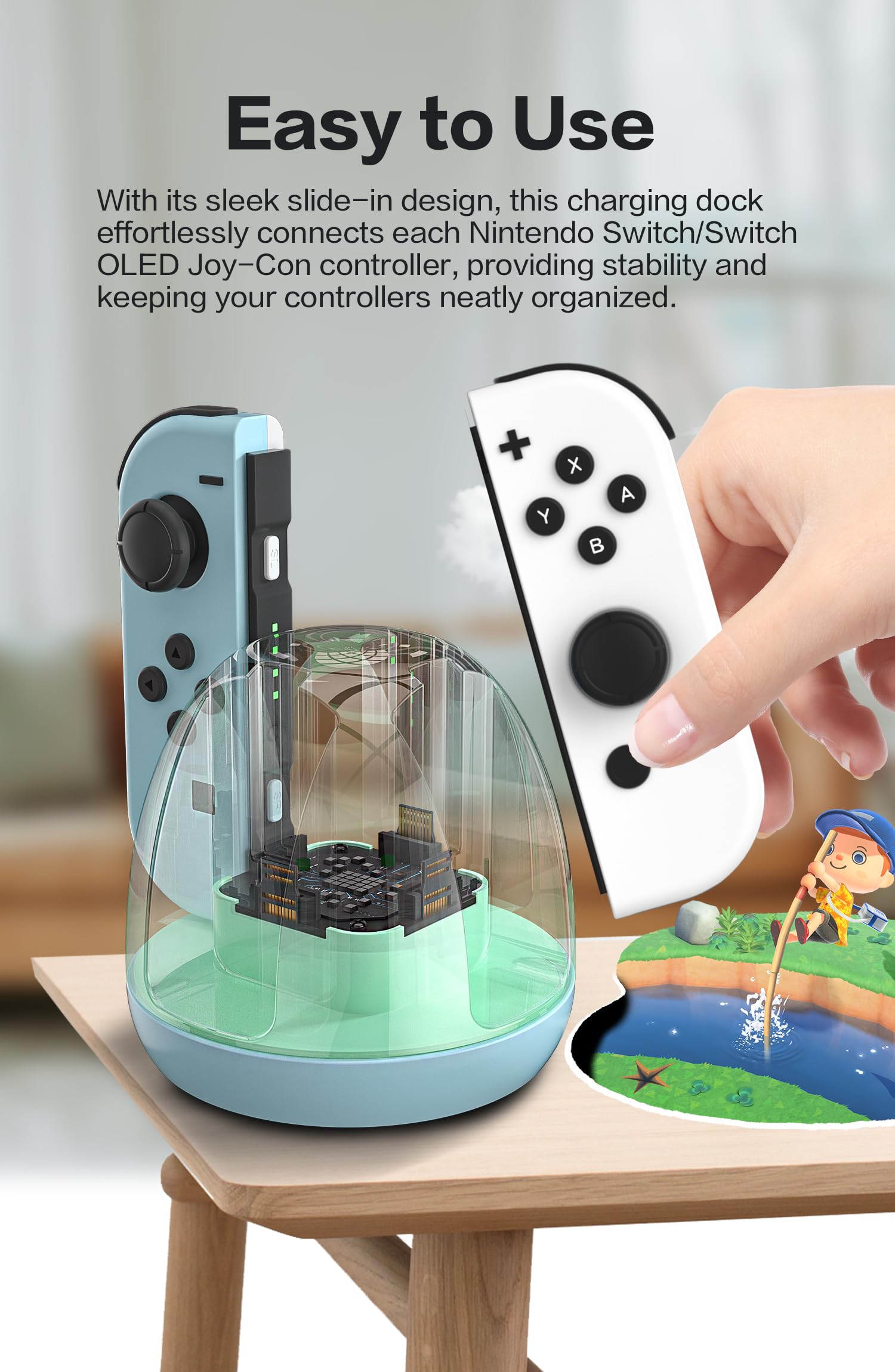 Nintendo Switch Joy-Con Charger Stand - Fast Charging Dock for Switch & Switch OLED Controllers with LED Indicator & USB Cable (Blue Green) - Perfect for Gaming Sessions & Multiplayer Setups