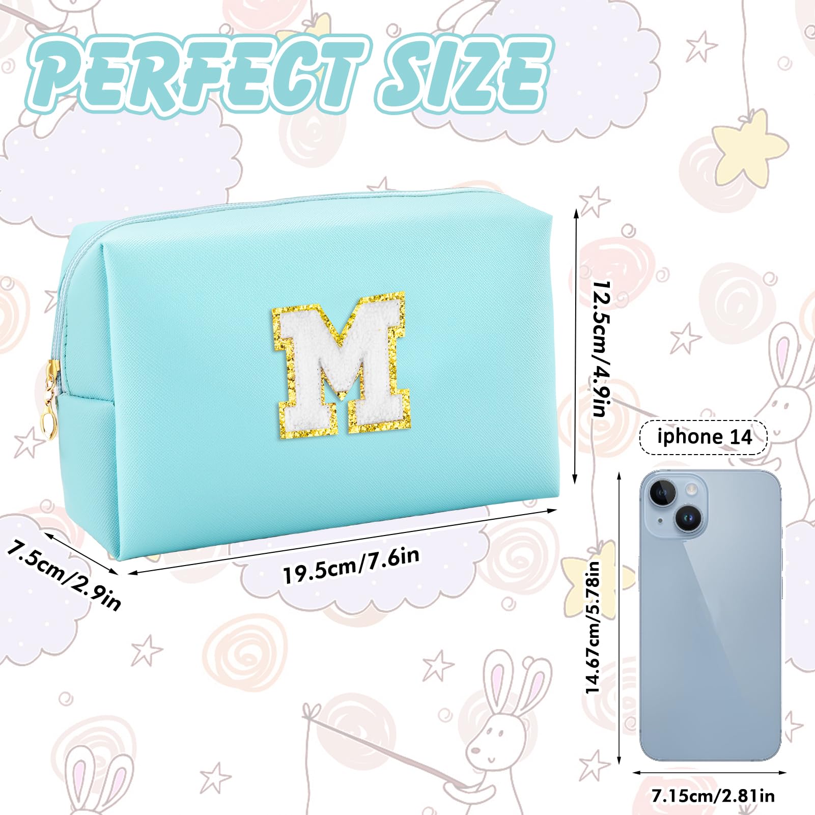 Personalized Initial Makeup Bag for Girls - Waterproof PU Cosmetic Pouch with Zipper, Cute Travel Toiletry Bag, Preppy Birthday Gift for Teen Girls & Women (Blue, Medium) | Perfect for Travel, School, Sleepovers & Daily Makeup Organization