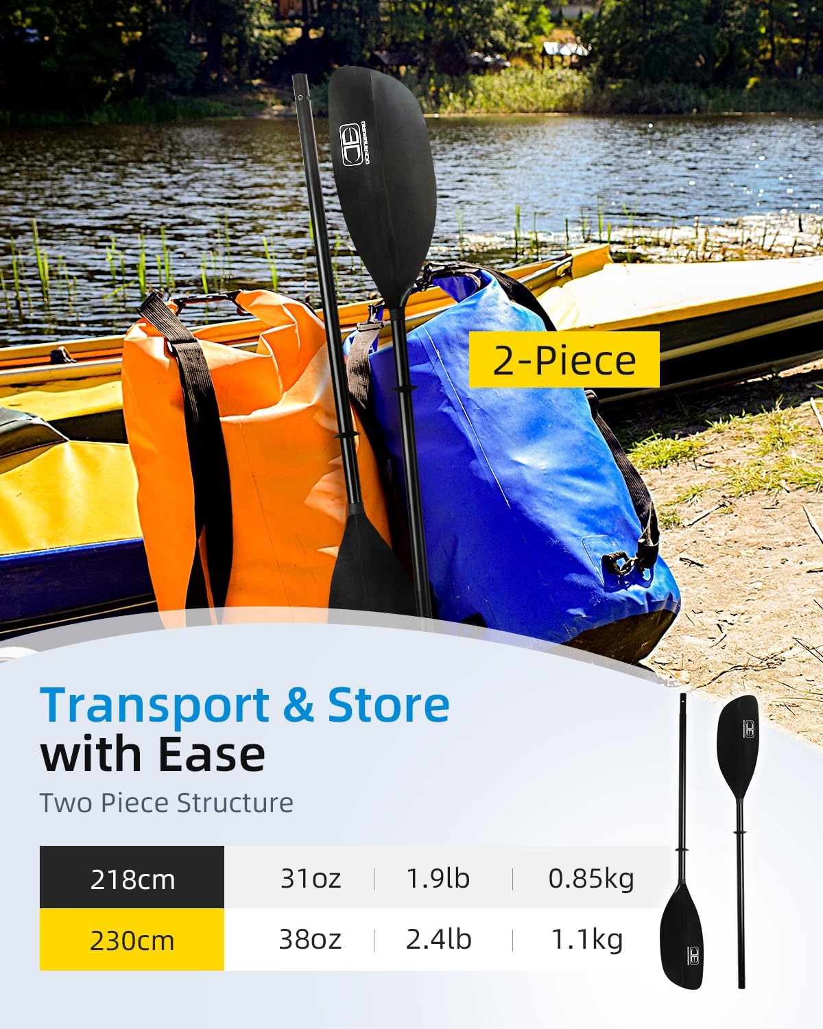 OCEANBROAD 2-Piece Adjustable Kayak Paddle 86in/218cm & 90.5in/230cm - Lightweight Aluminum Alloy Shaft with Floatable Design - Perfect for Kayaking, Canoeing, Boating & Water Sports Adventures