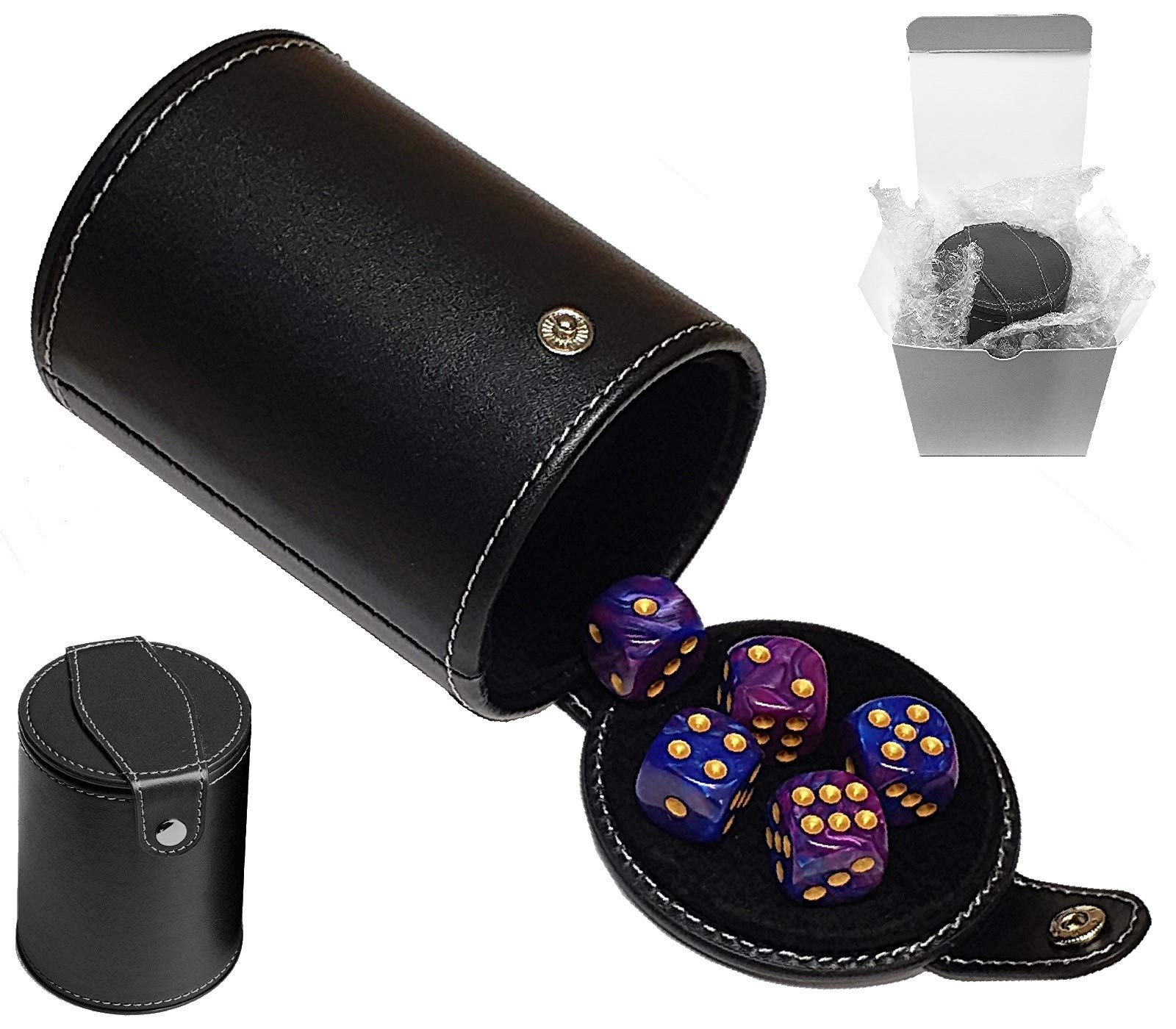Premium Black PU Leather Dice Cup Set with Storage Compartment & 5 Pearlized 16mm Dual-Color Dice (Blue/Purple with Gold Pips) - Felt Lined, Gift Boxed - Perfect for Dungeons & Dragons, Board Games, Casino Nights and RPG Gaming Accessories